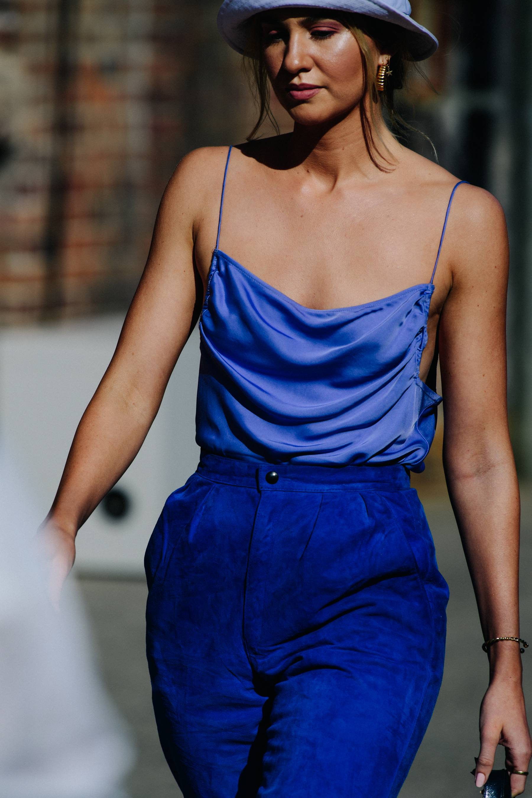 Woman wearing blue outfit