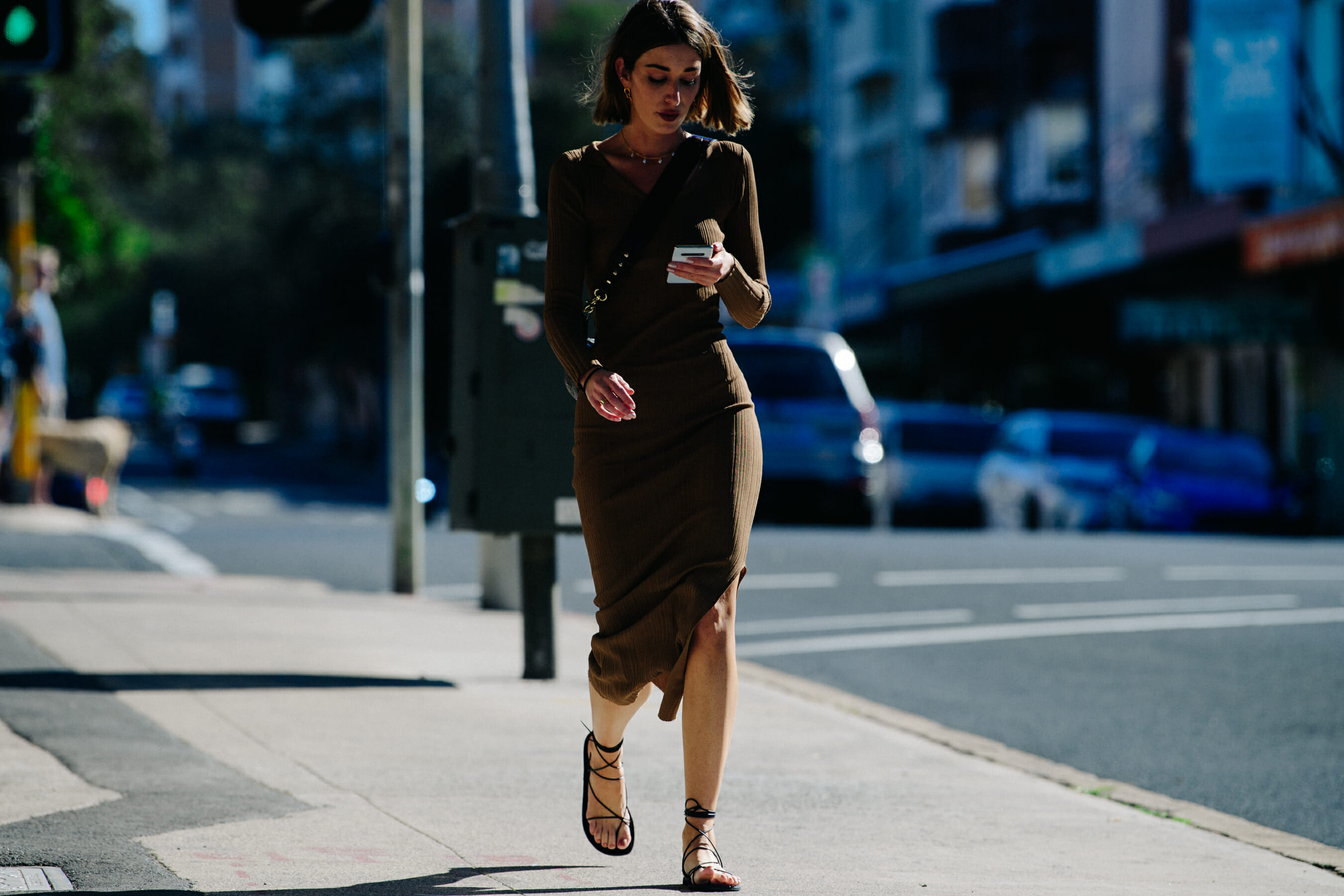 Woman wearing brown dress