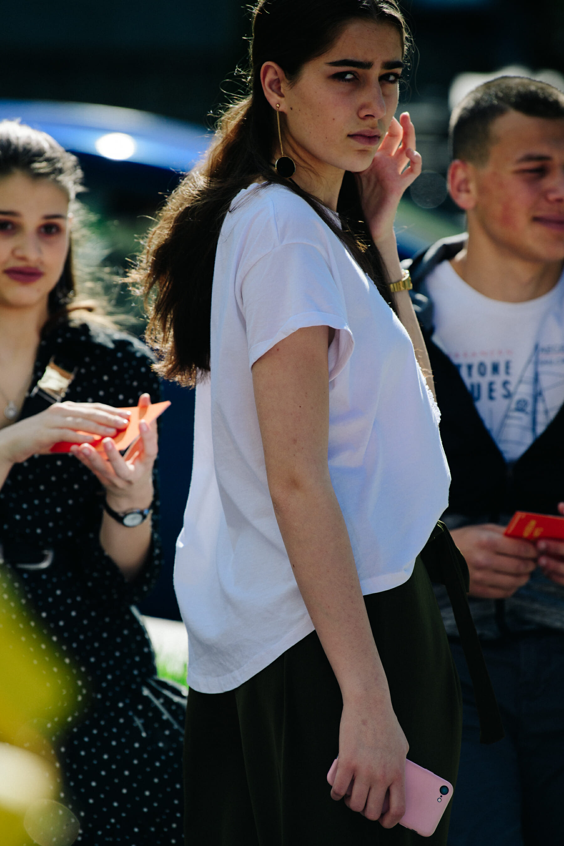 Woman wearing white tee shirt