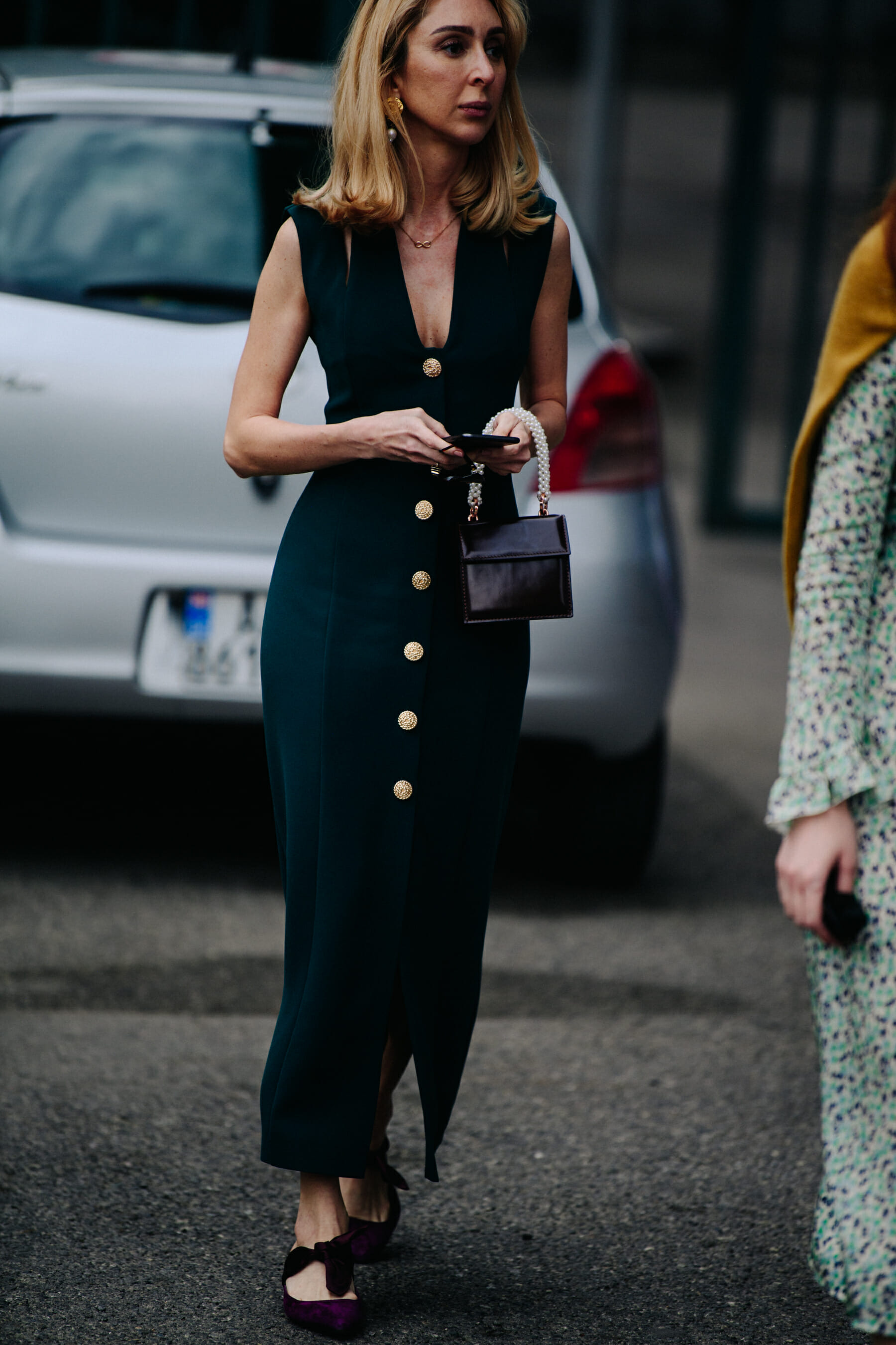 Woman wearing blue dress