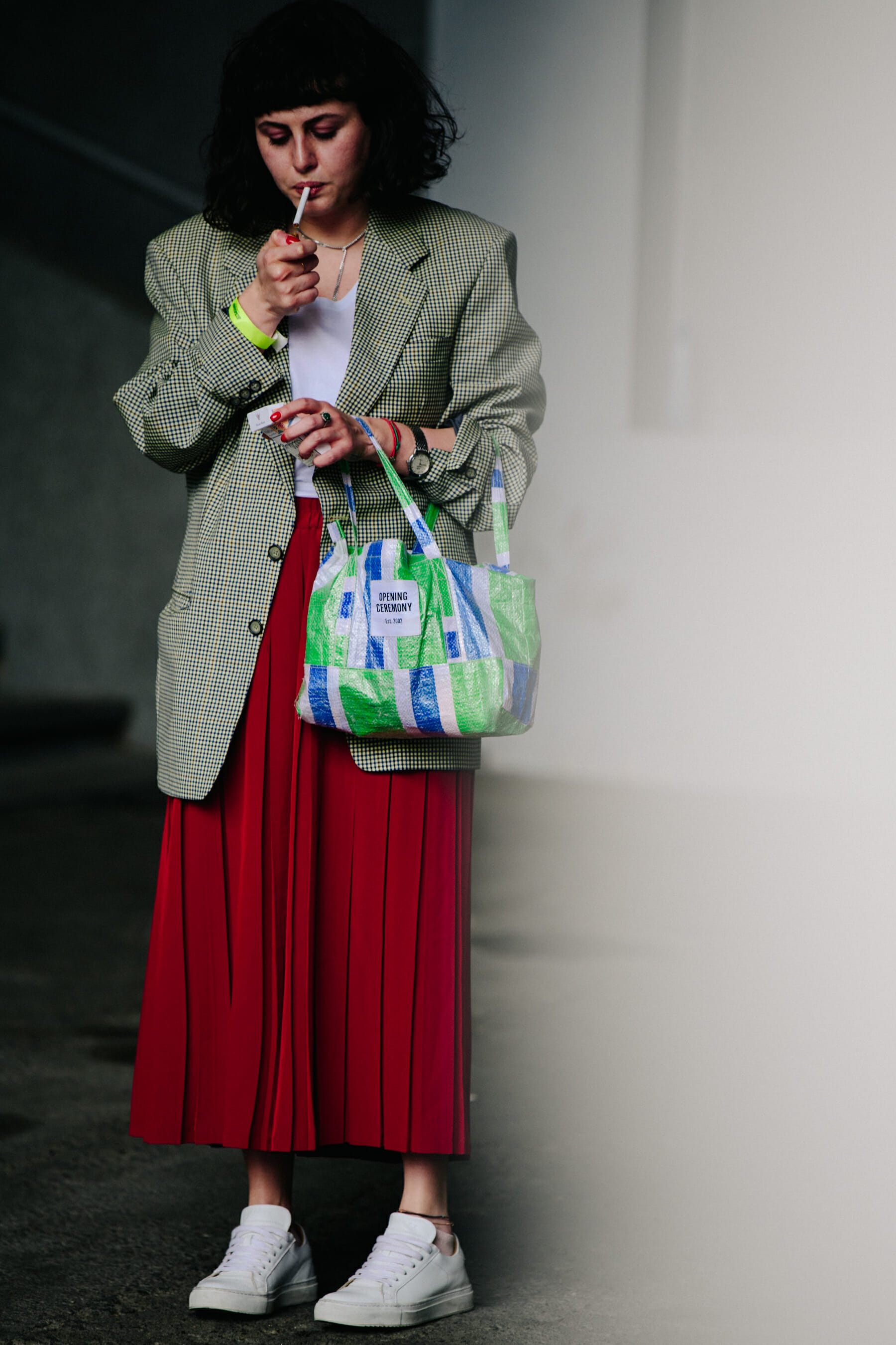 Woman wearing red skirt