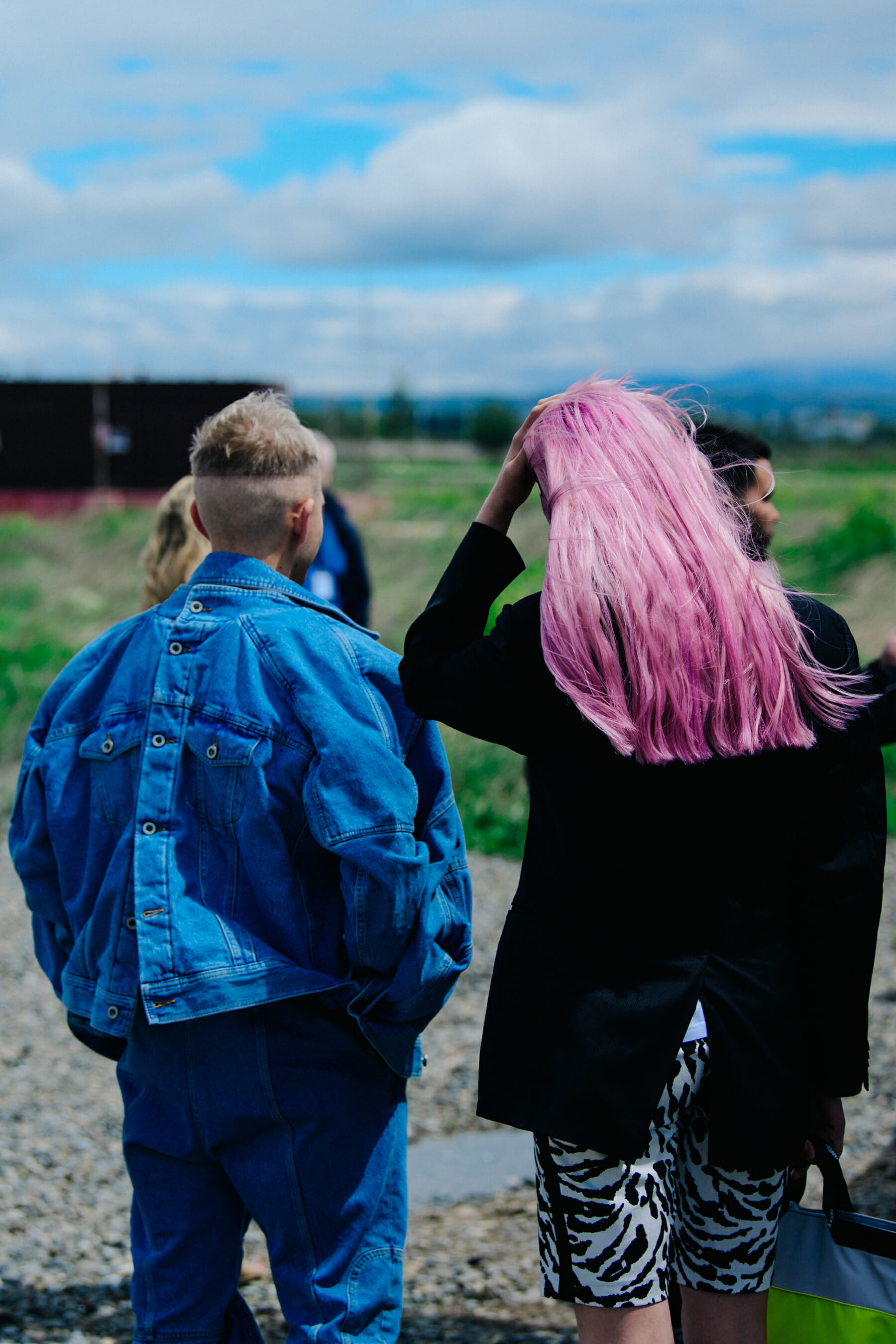 Couple wearing blue and pink