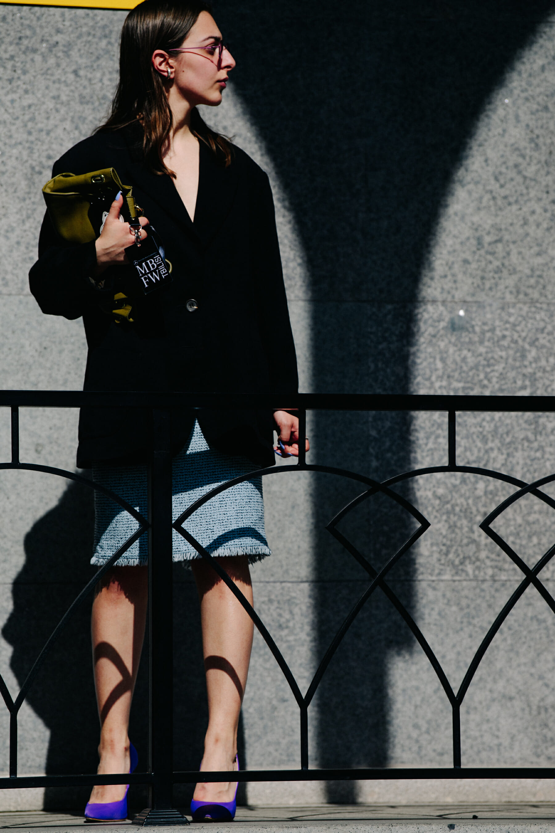 Woman wearing denim skirt