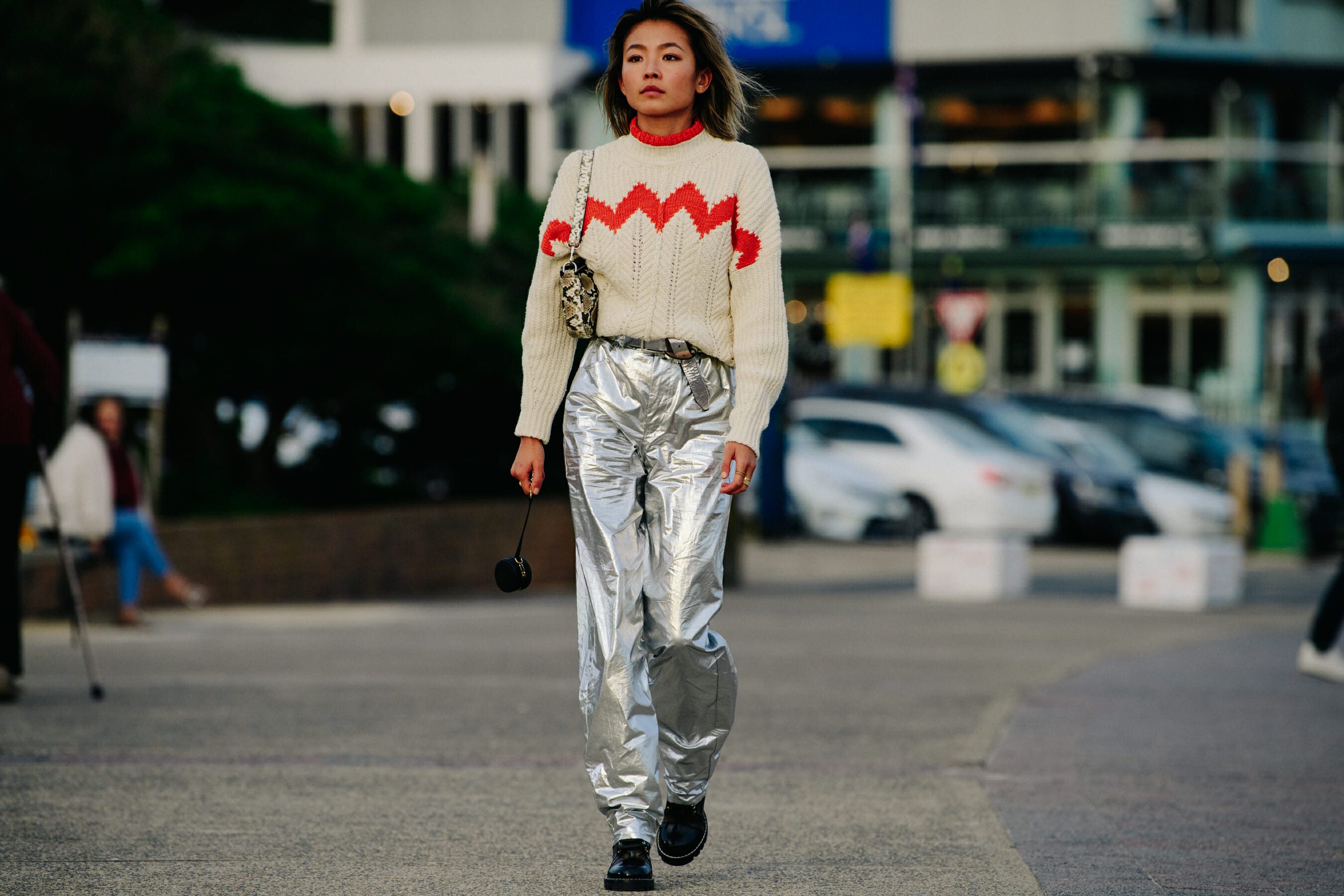 Blogger wearing silver pants