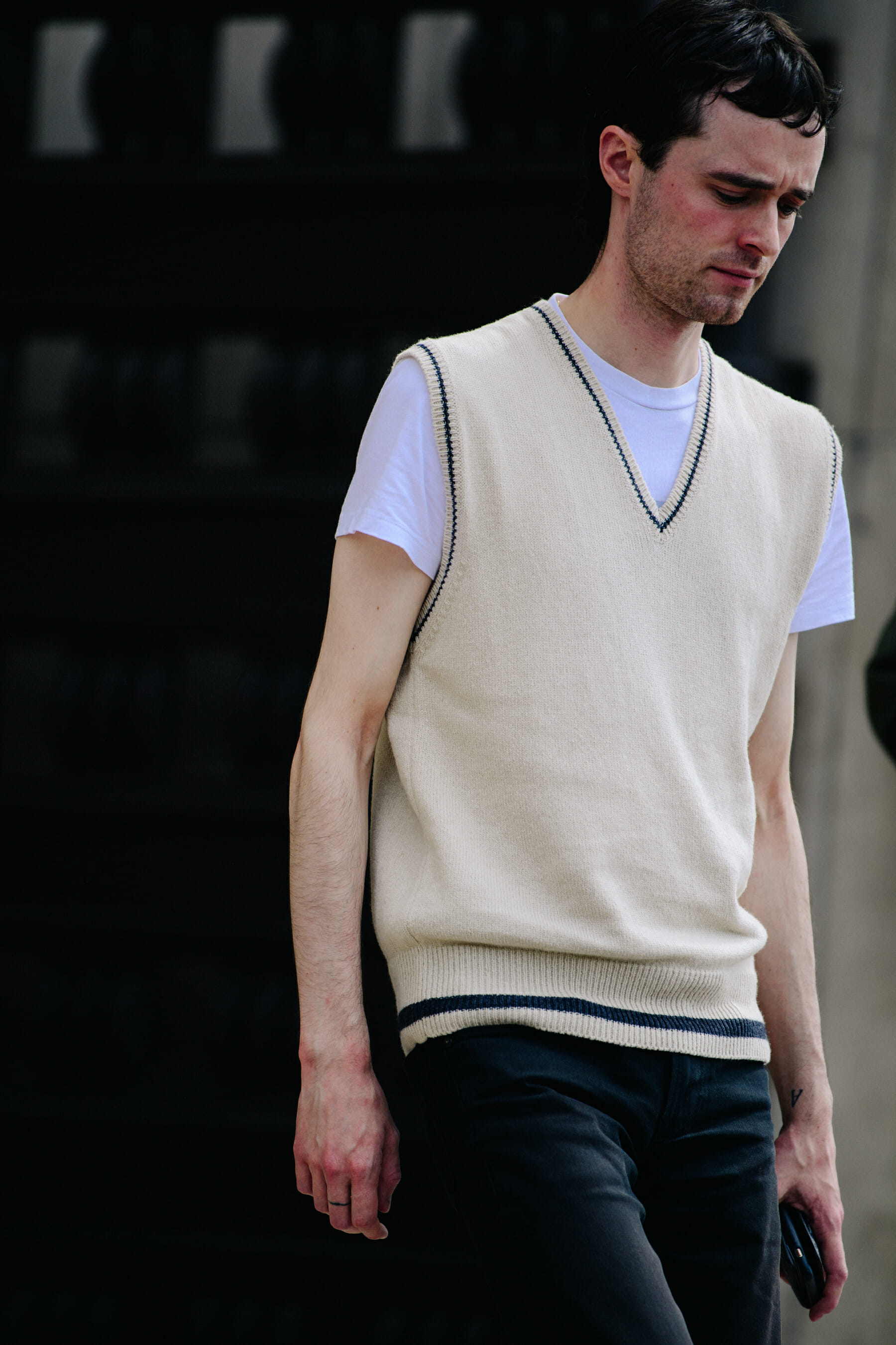 Man wearing white wool vest