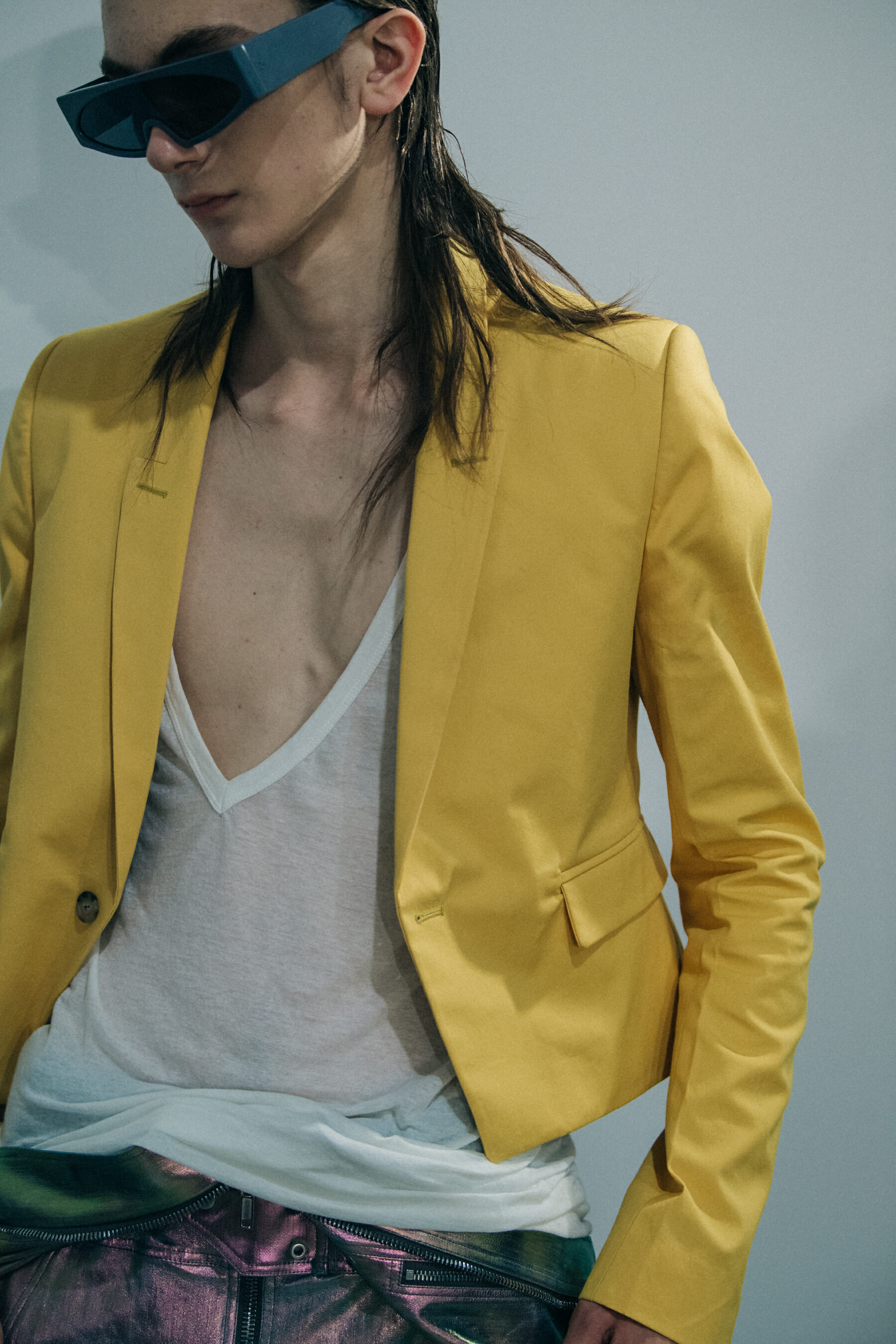 Model wearing gold outfit at Rick Owens