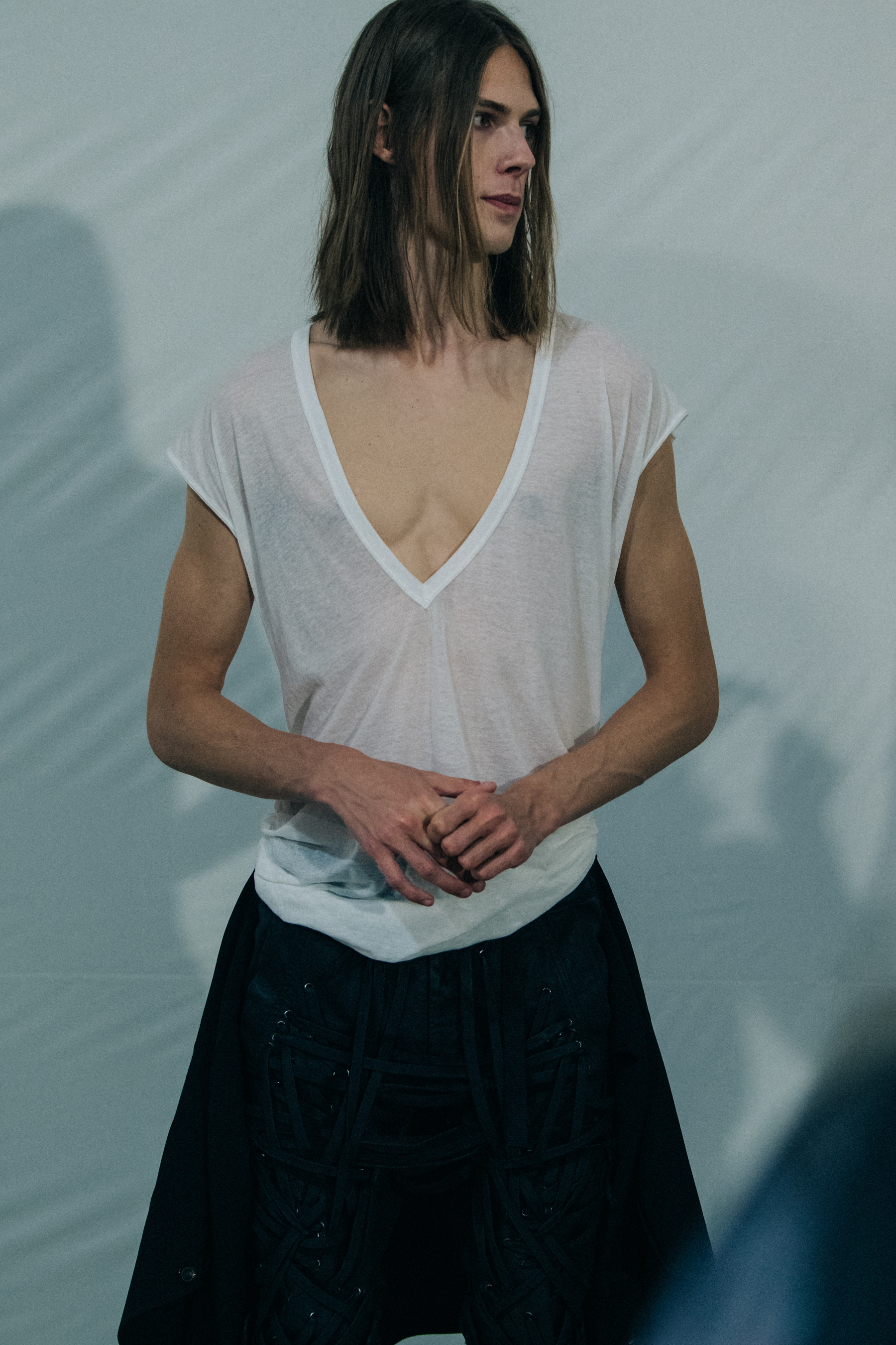 Model wearing light outfit at Rick Owens
