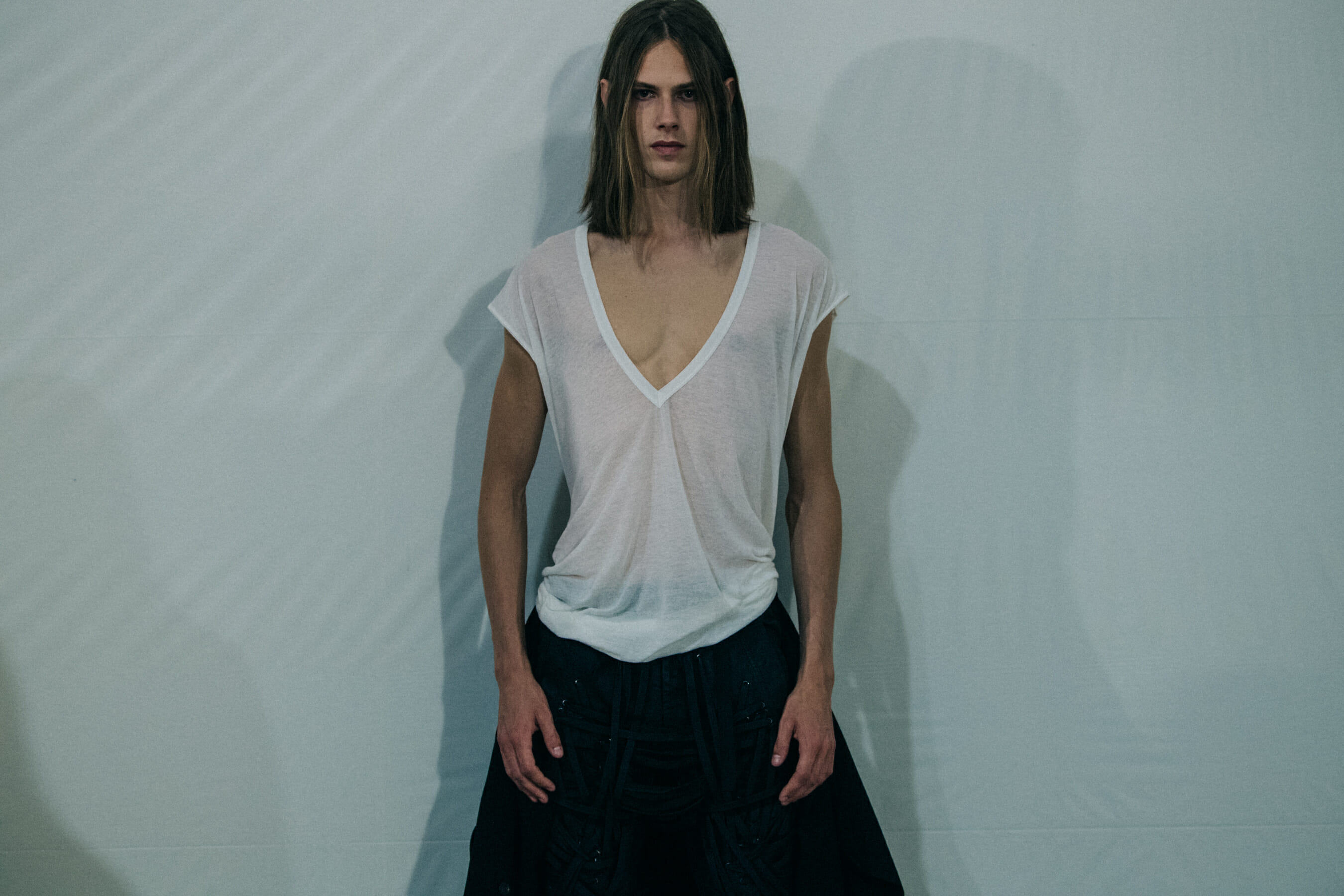 Model wearing light outfit at Rick Owens