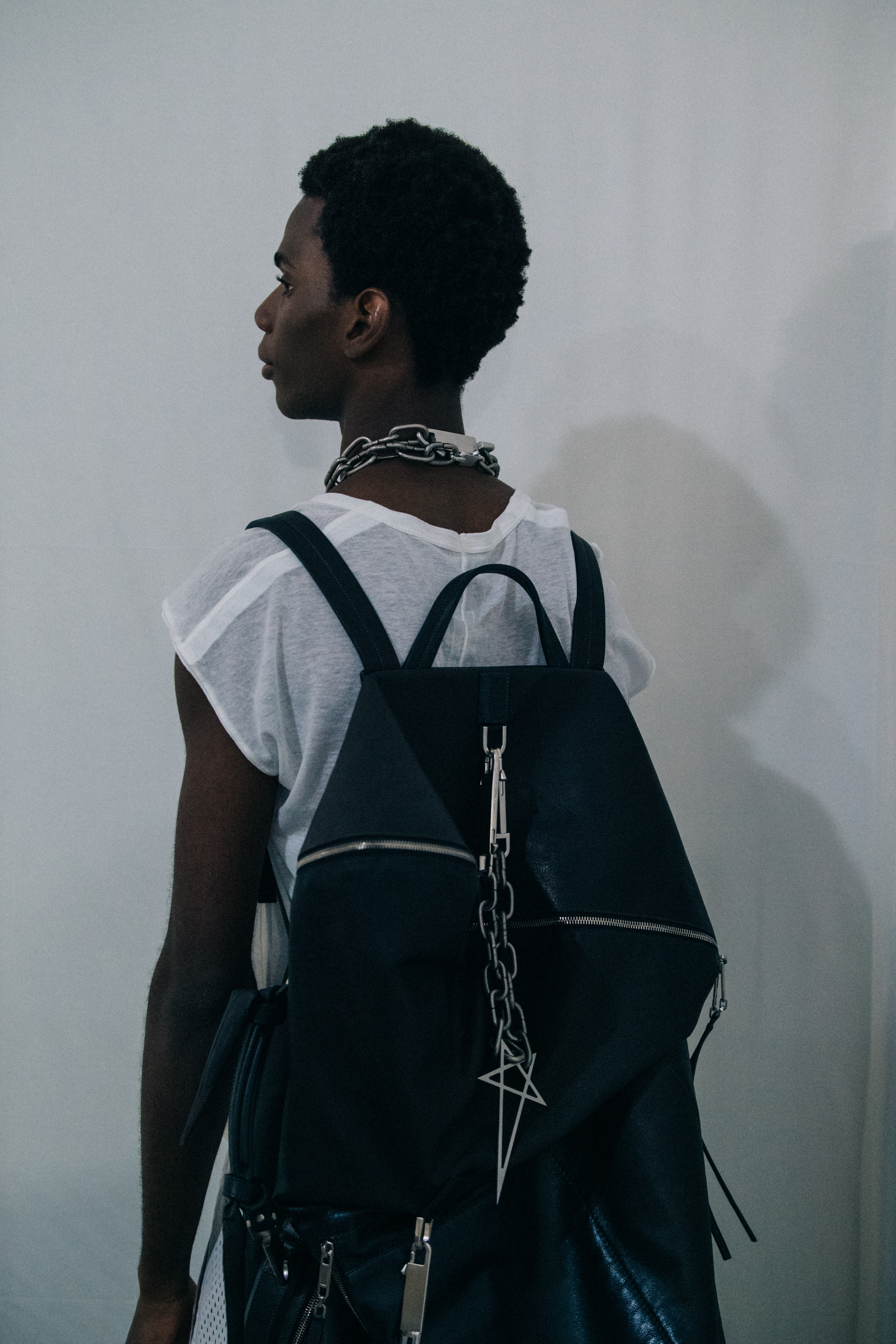 Model wearing light outfit at Rick Owens