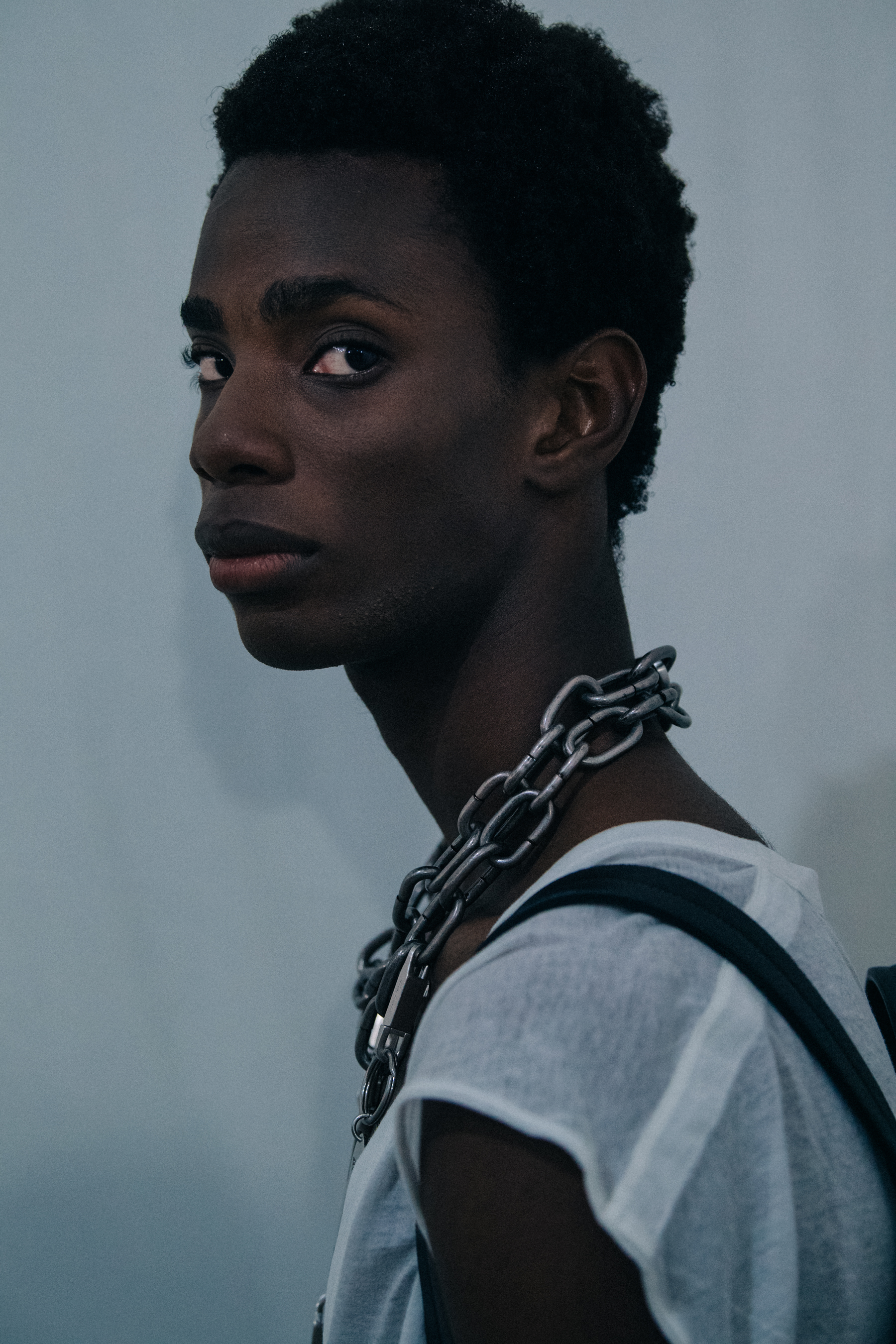 Model wearing light outfit at Rick Owens