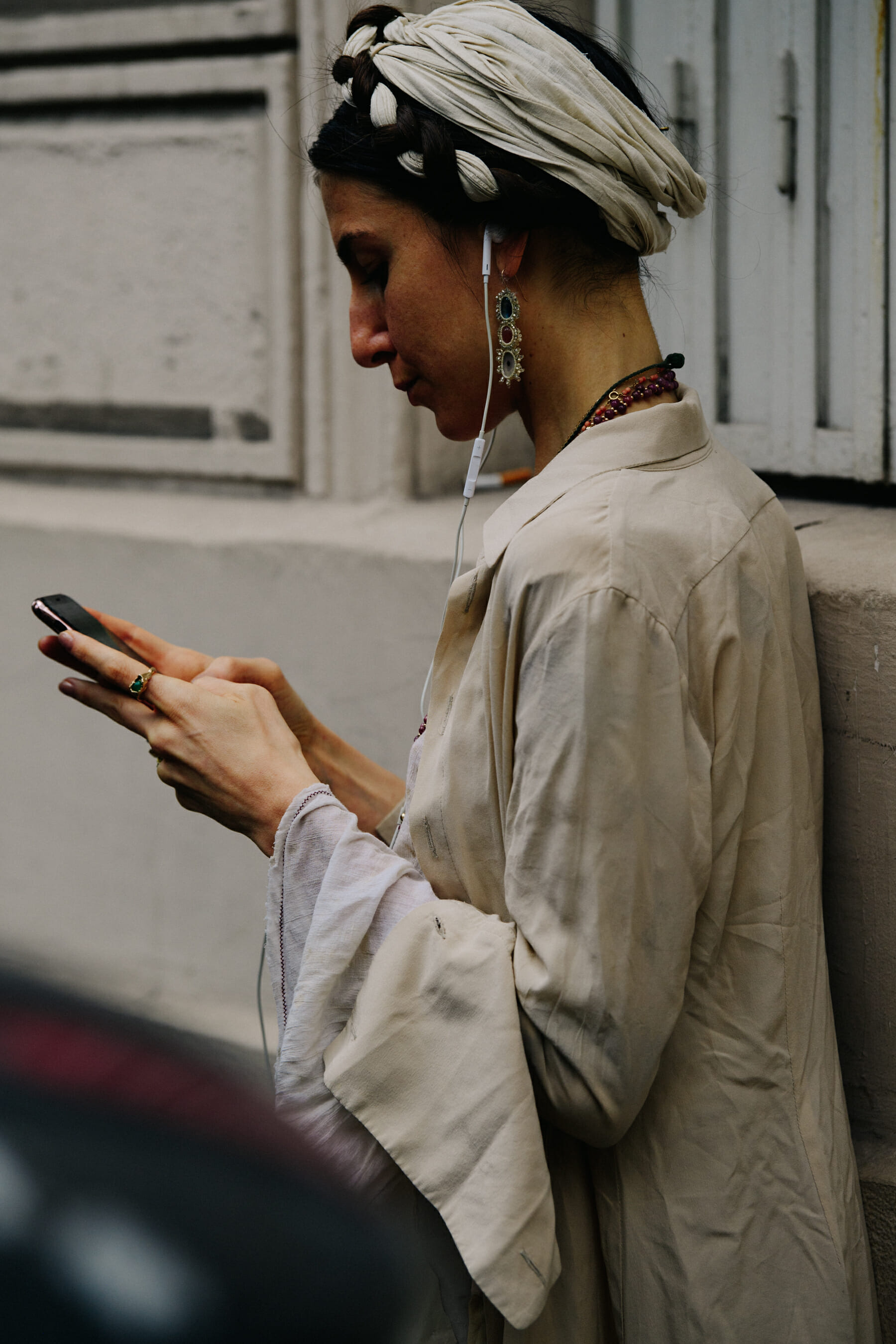 Woman wearing tan outfit