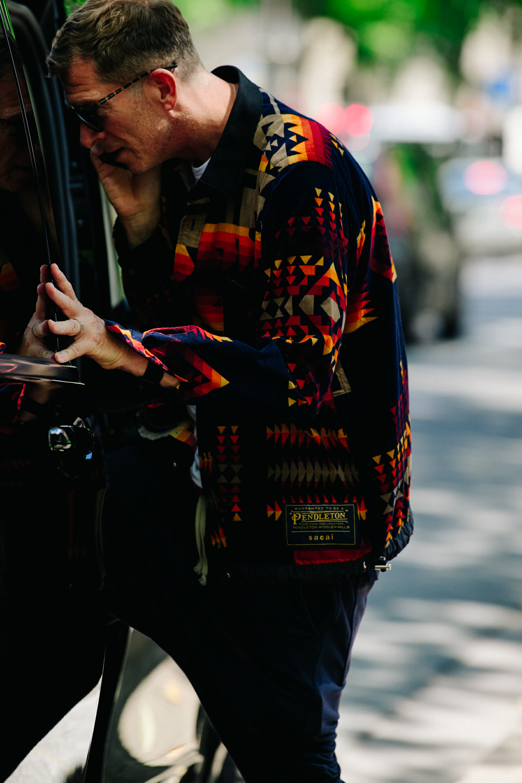 Buyer wearing Pendleton x Sacai