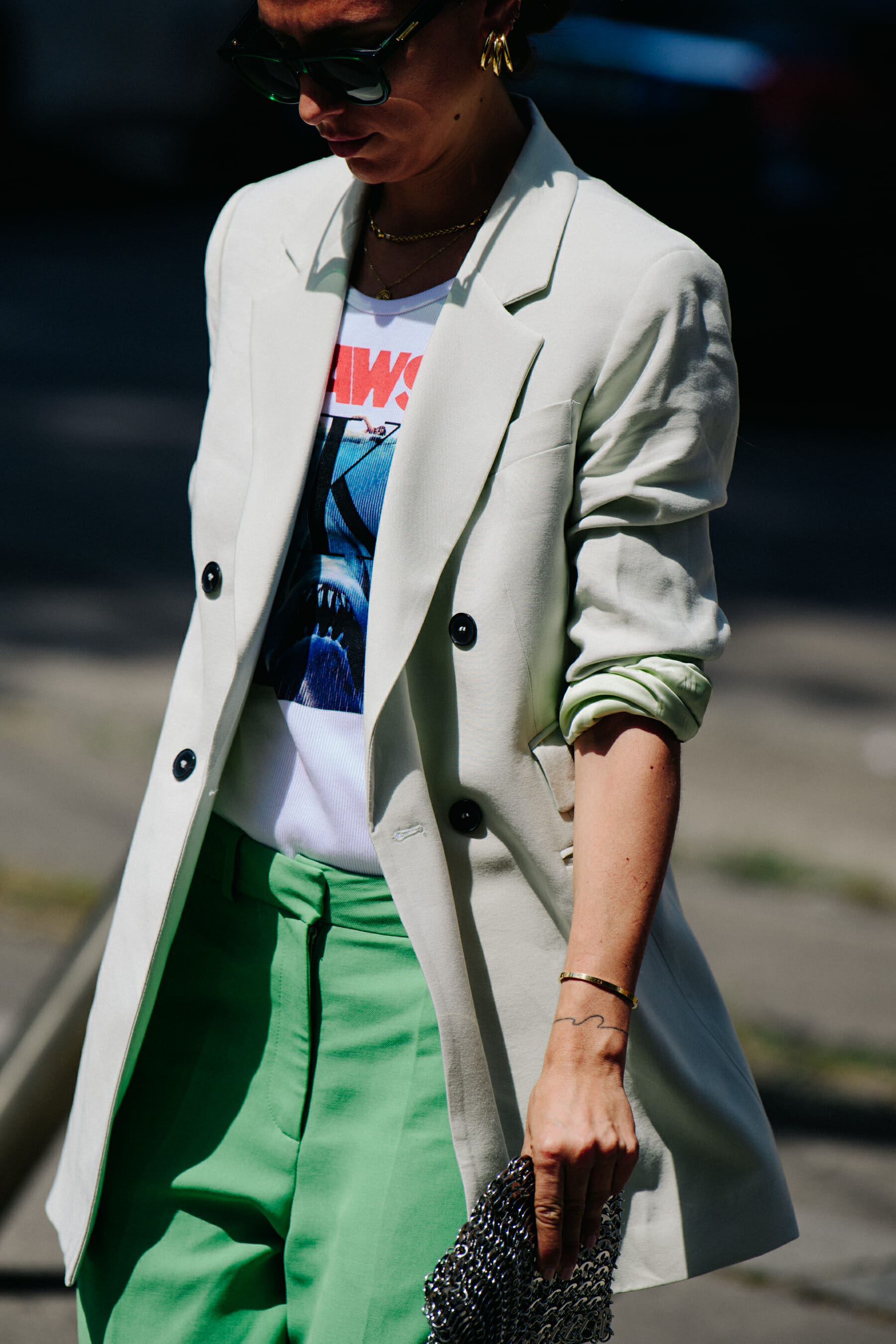 Woman wearing green pants