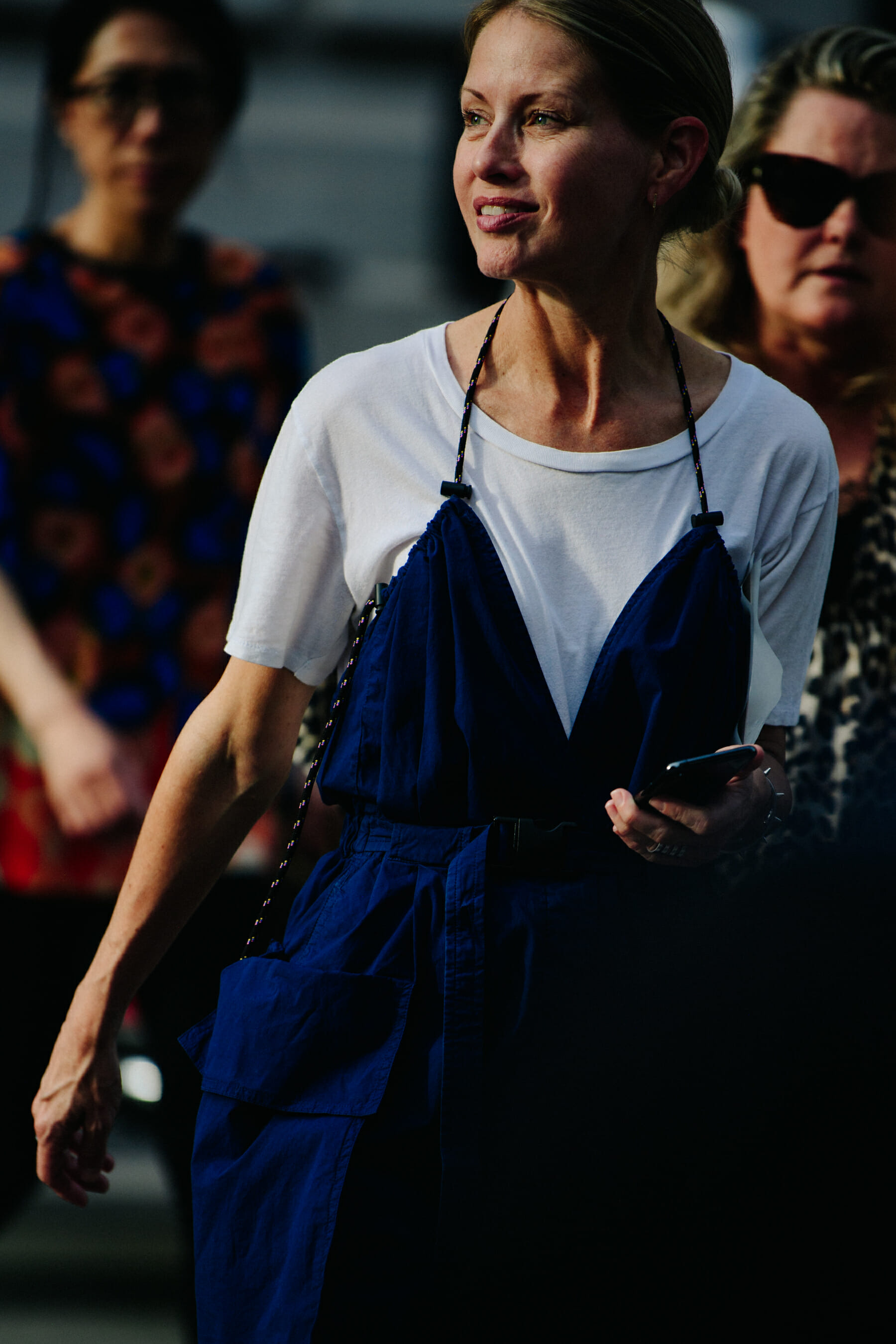 Woman wearing blue dress