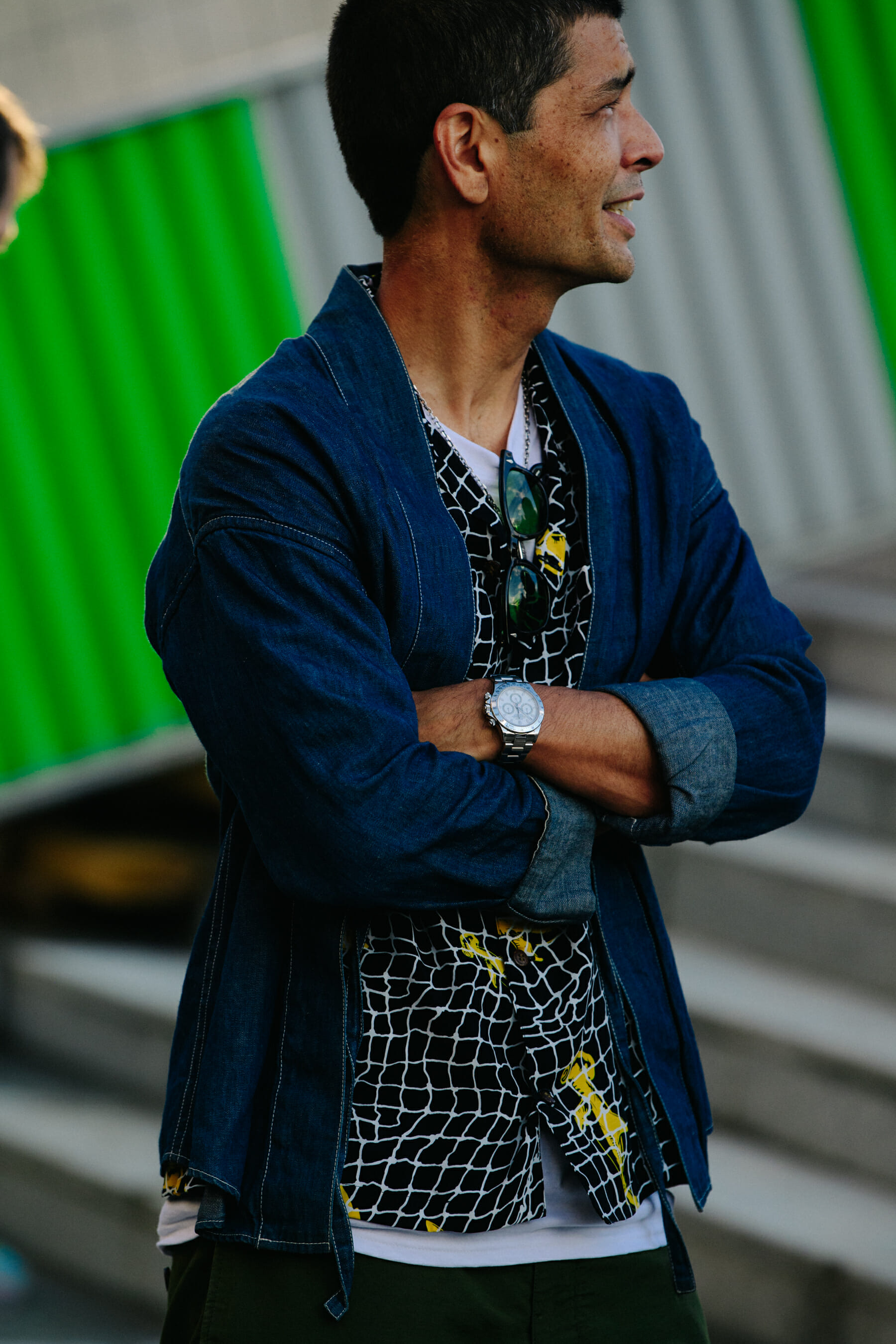 Man wearing denim kimono