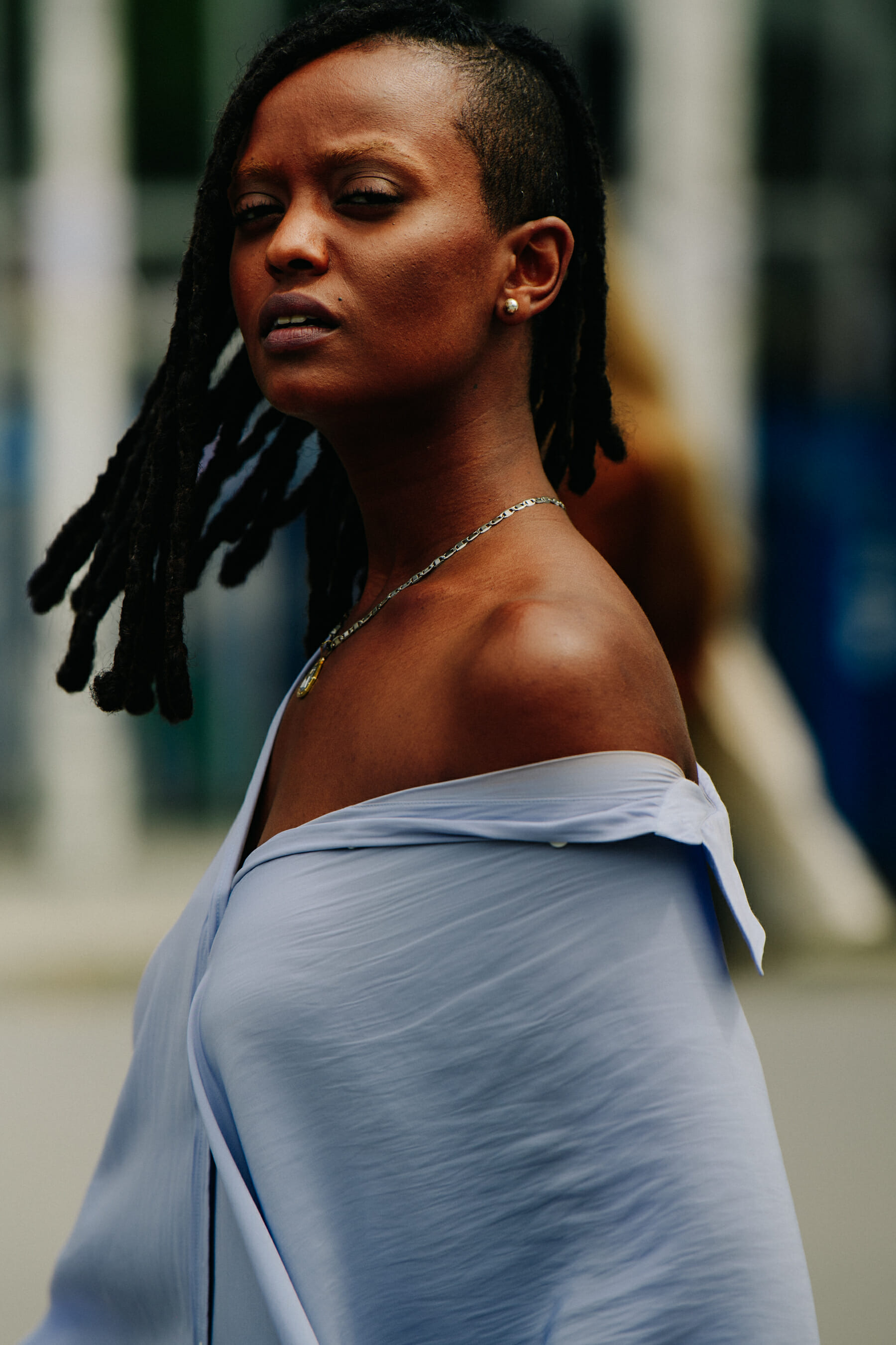 Woman wearing blue dress