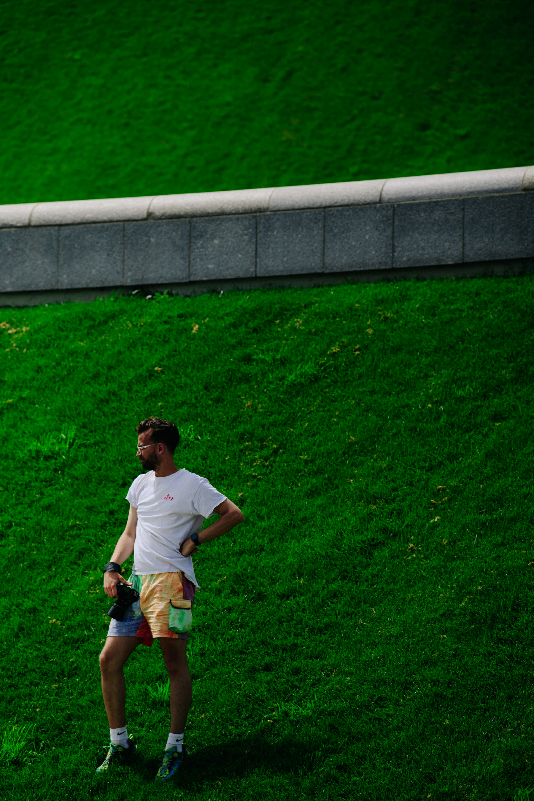 Man wearing colourful shorts