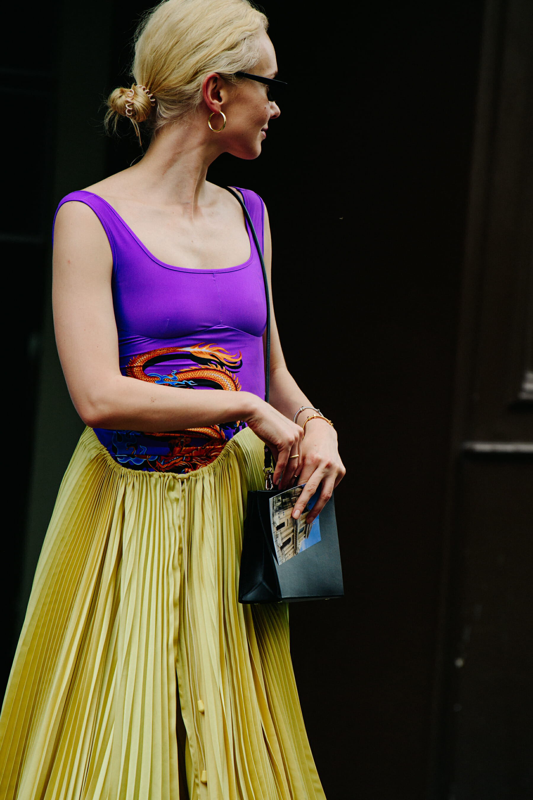 Woman wearing yellow skirt
