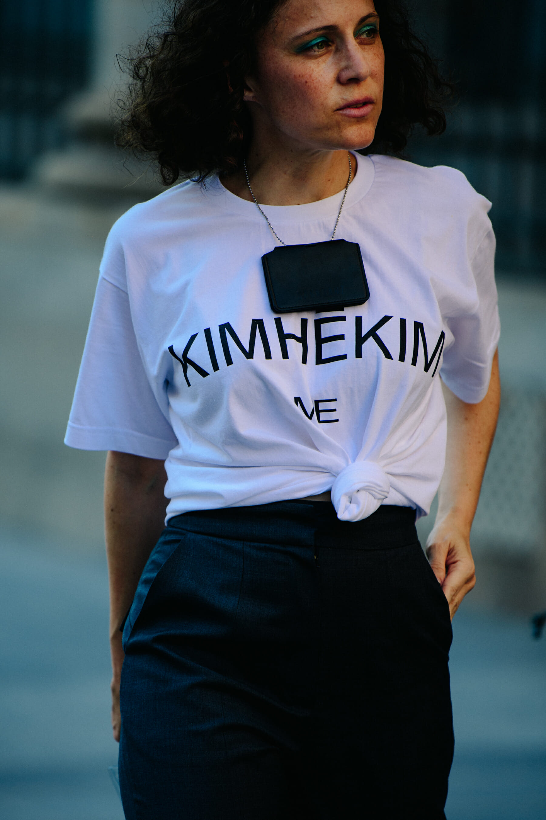 Woman wearing white tee shirt