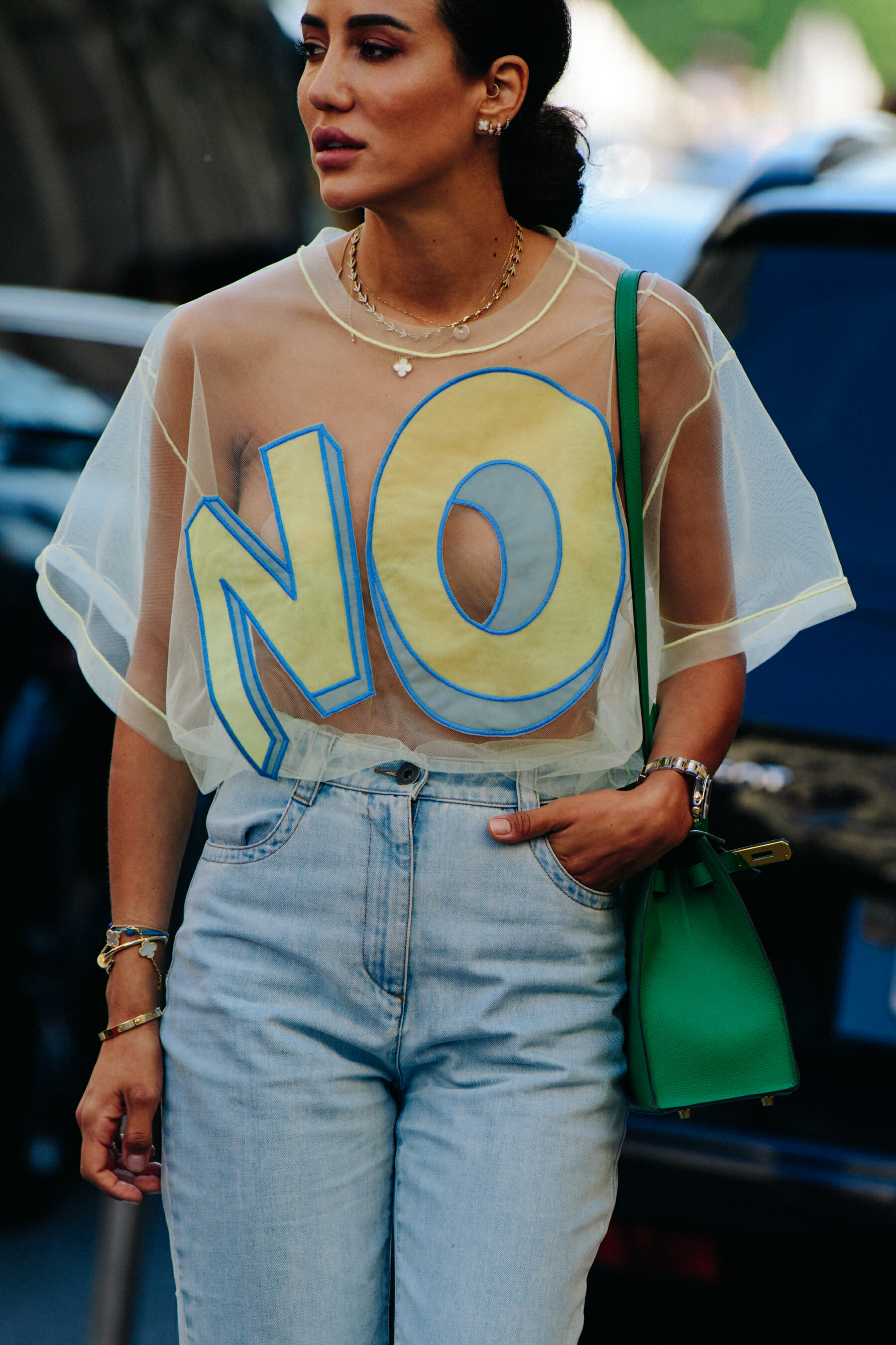Woman wearing light denim jeans
