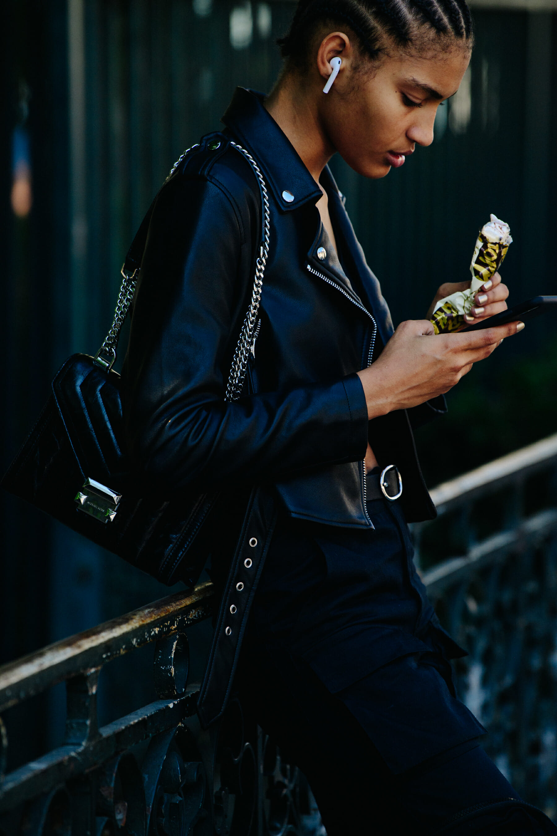 Model wearing leather jacket