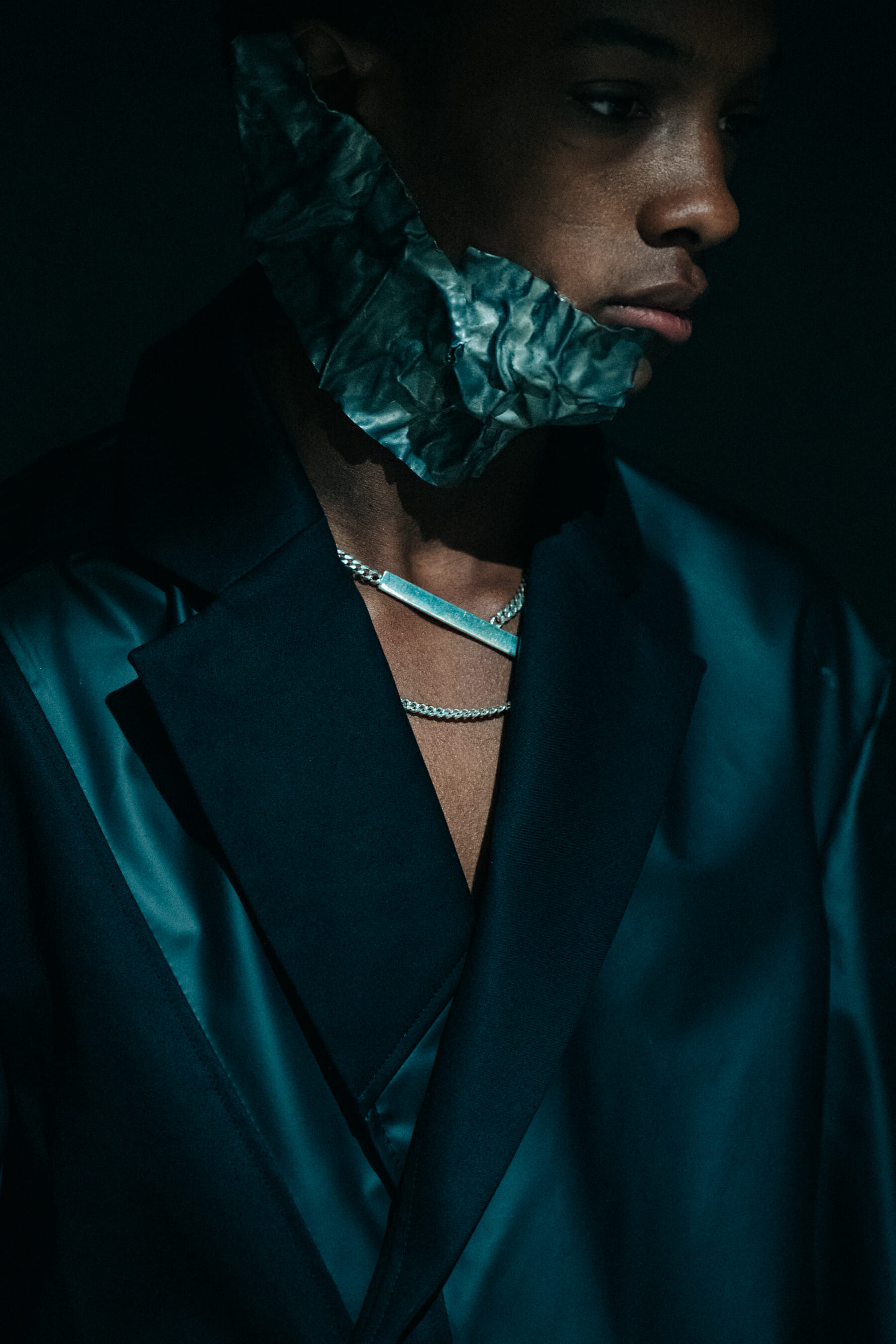 Model wearing face piece at A Cold Wall