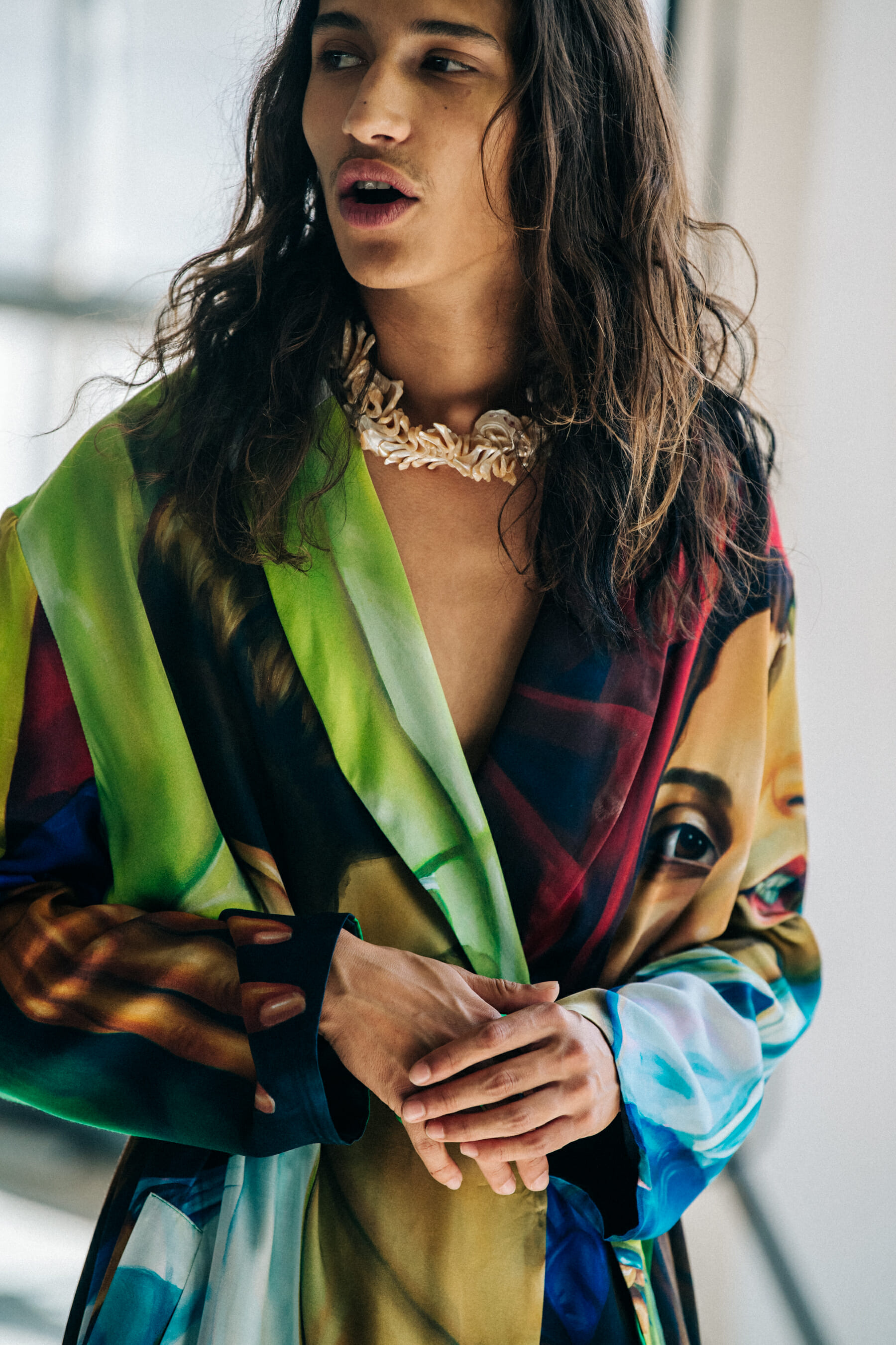 Model wearing colourful outfit at Etudes