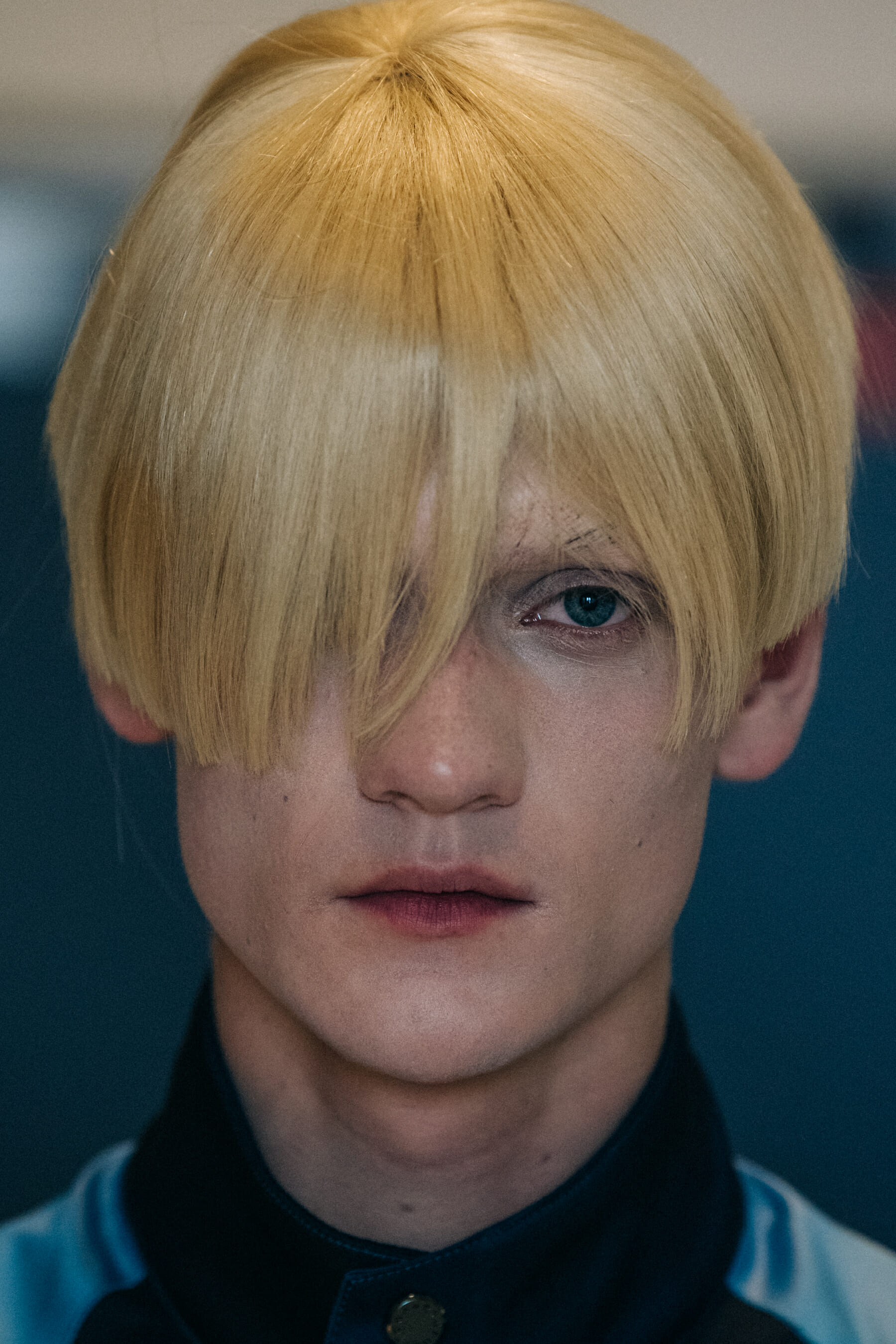 Portrait of model wearing blonde wig