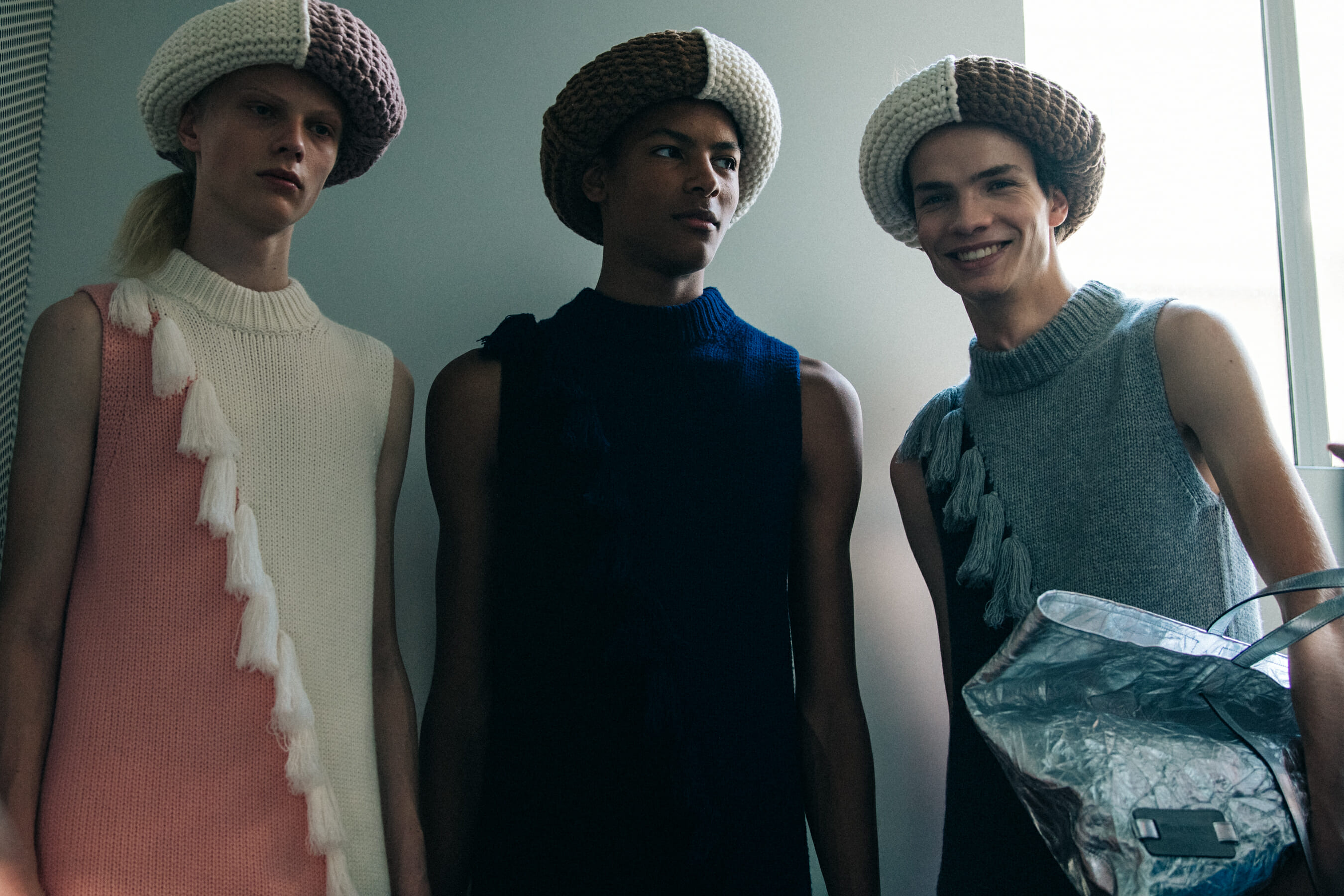 Models wearing wool outfits at JW Anderson