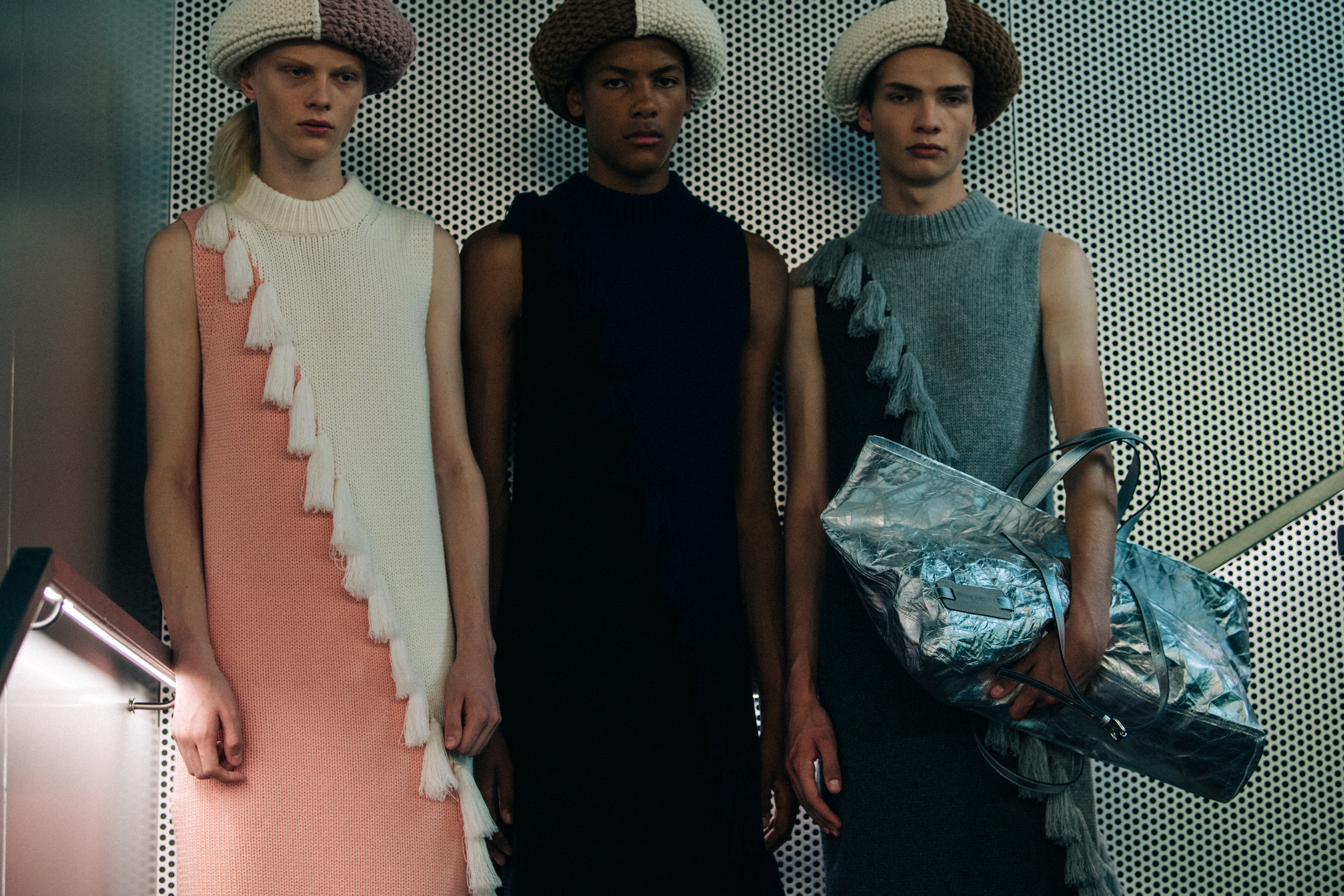 Models wearing wool outfits at JW Anderson
