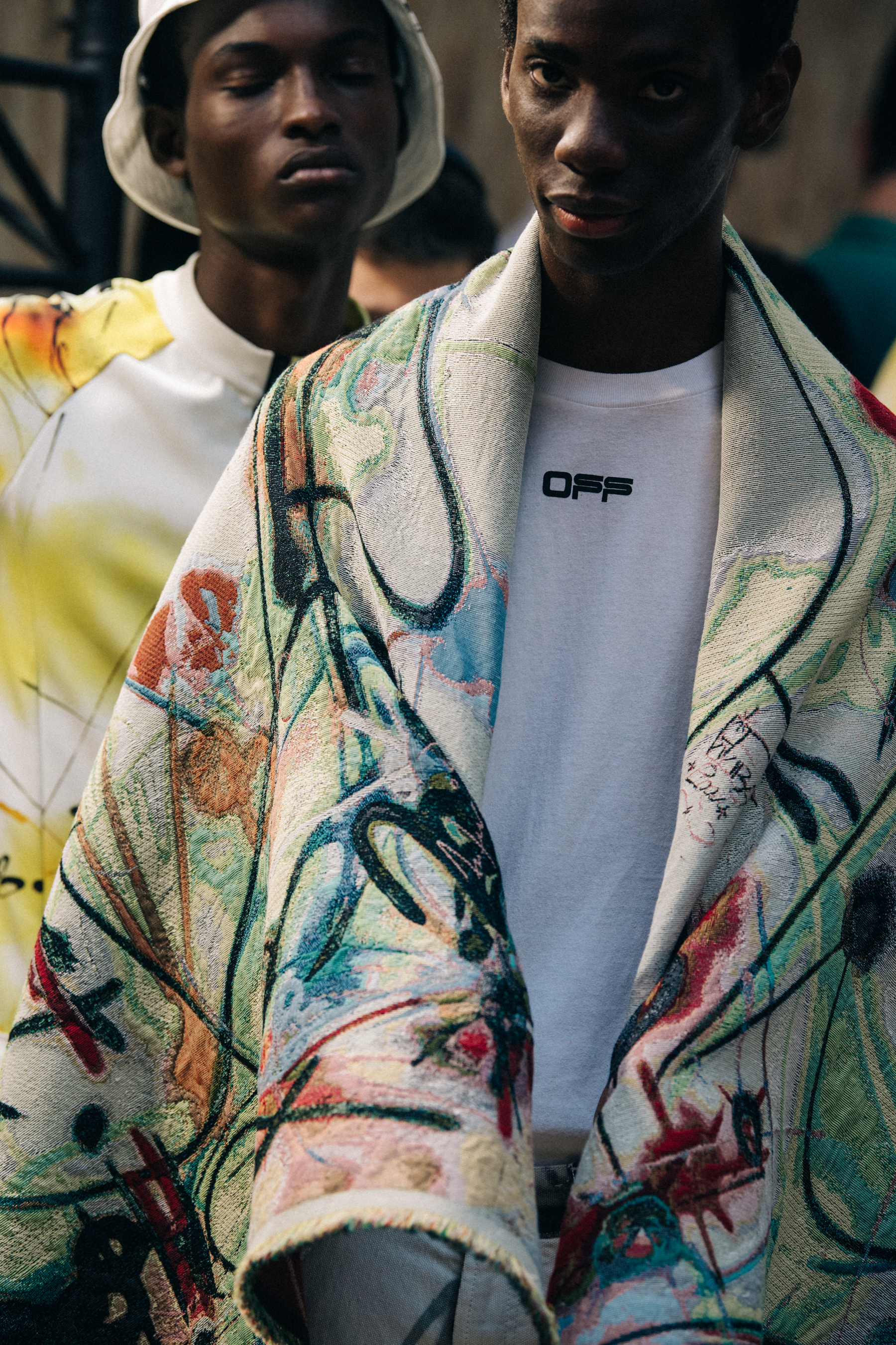 Models wearing colourful outfits at Off-White