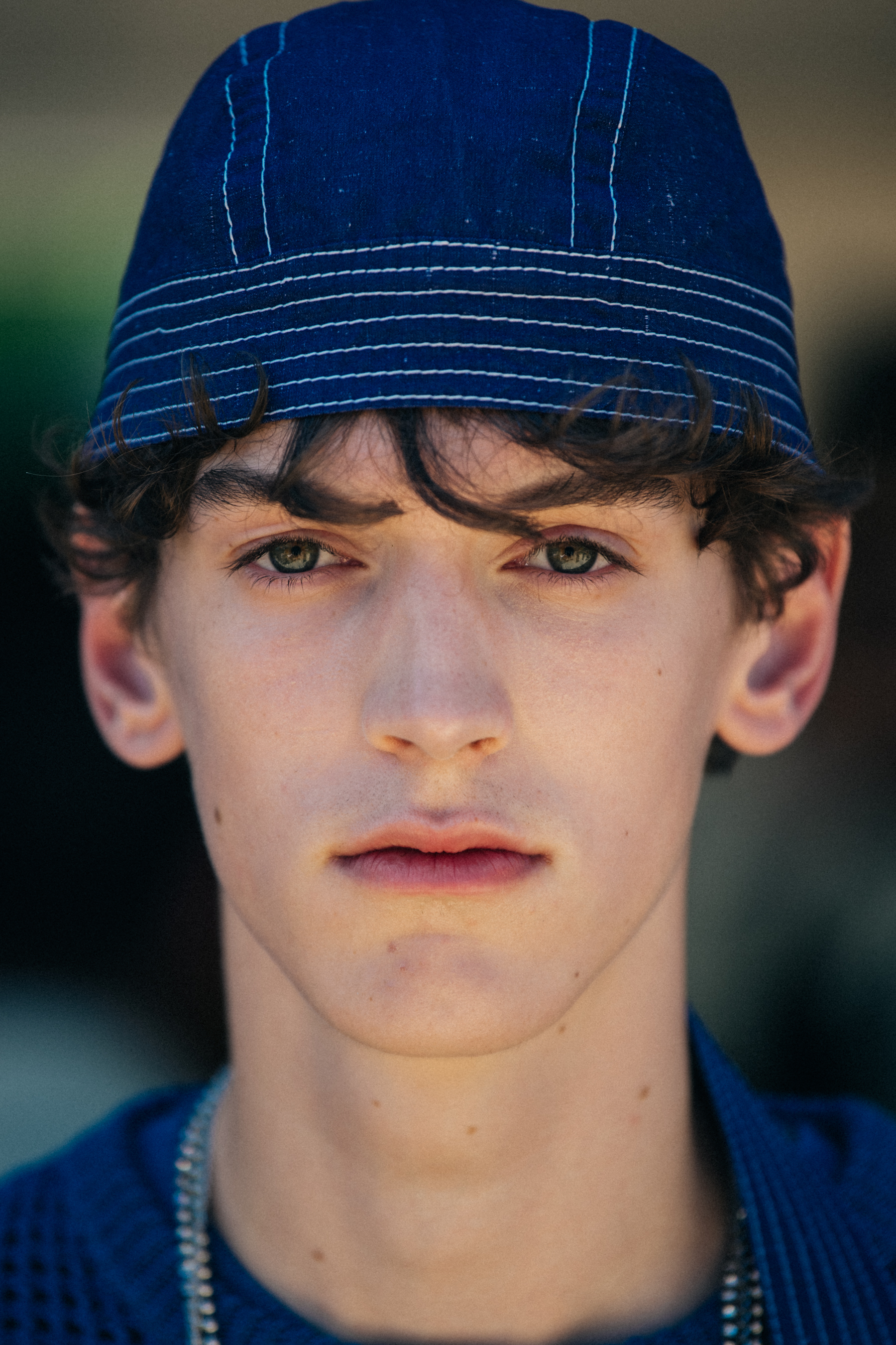 Portrait of model wearing denim hat