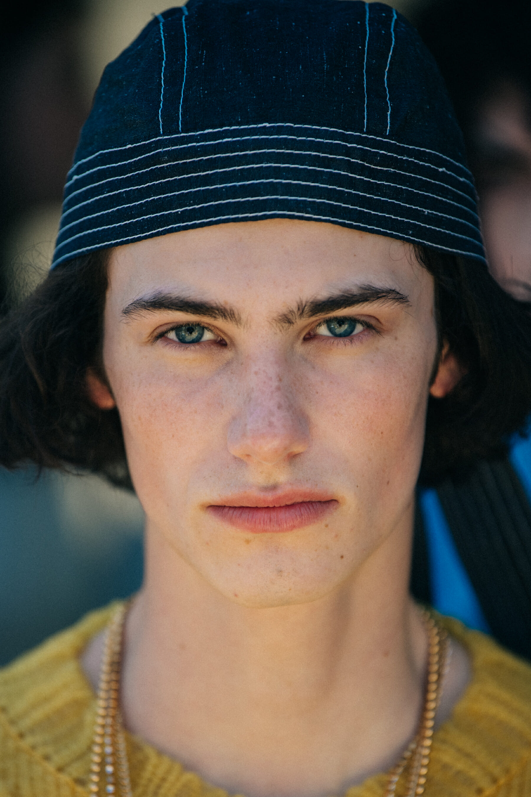 Portrait of model wearing denim hat