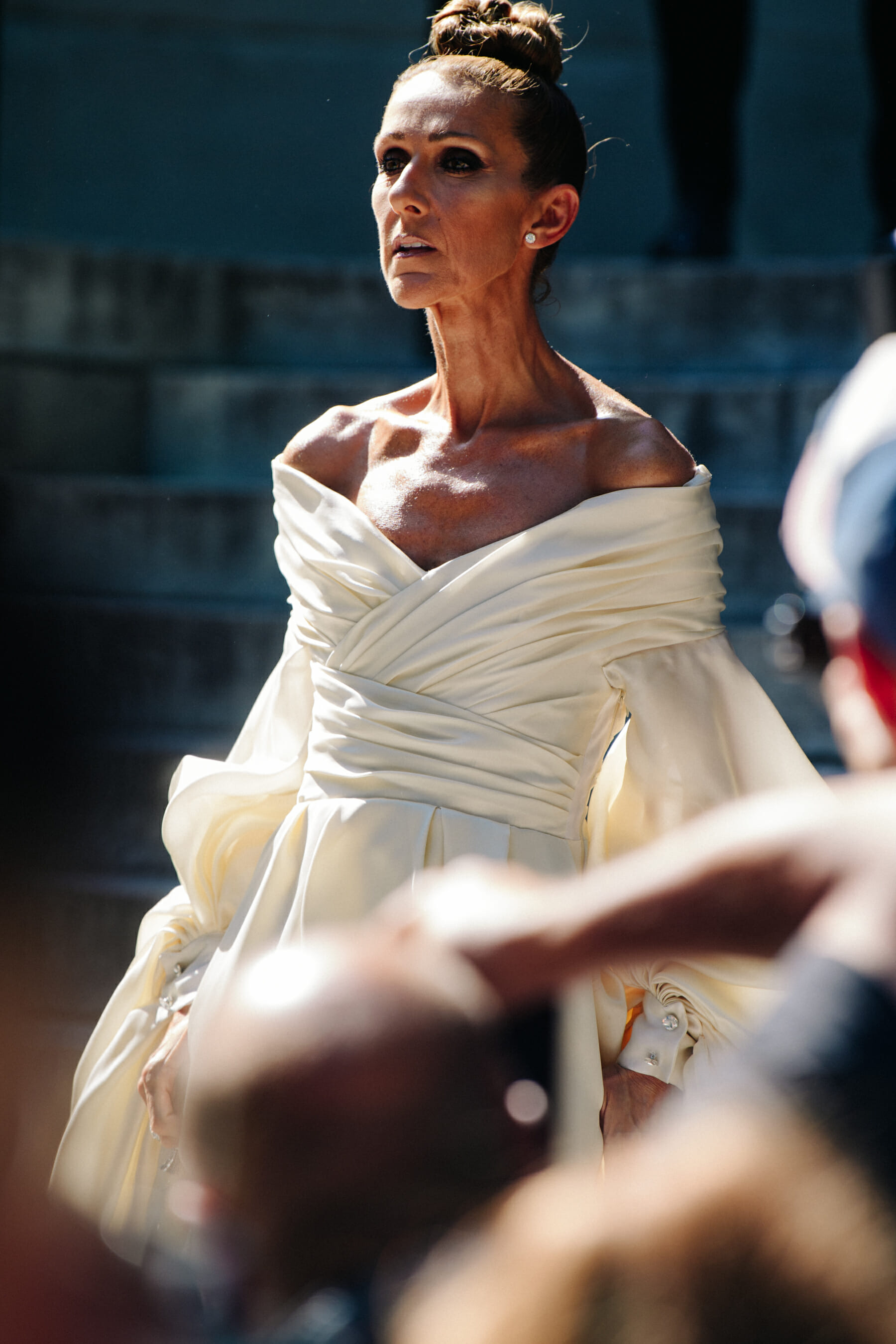Celine Dion wearing white dress