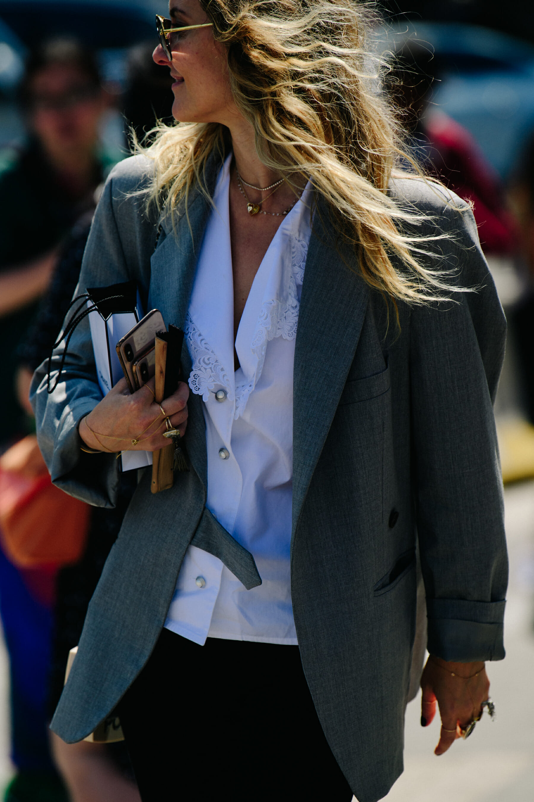 Woman wearing grey suit jacket