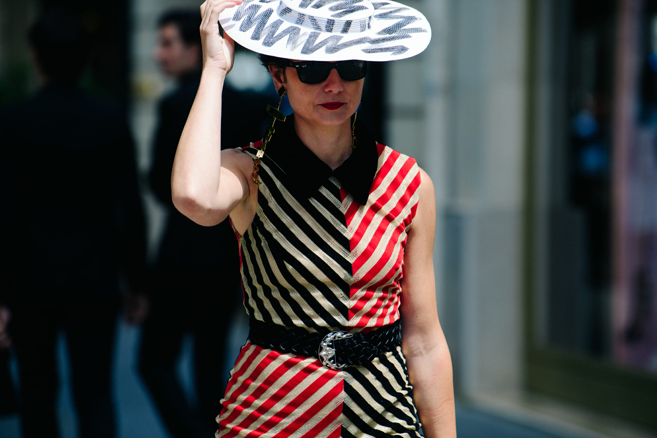Woman wearing red and black dress