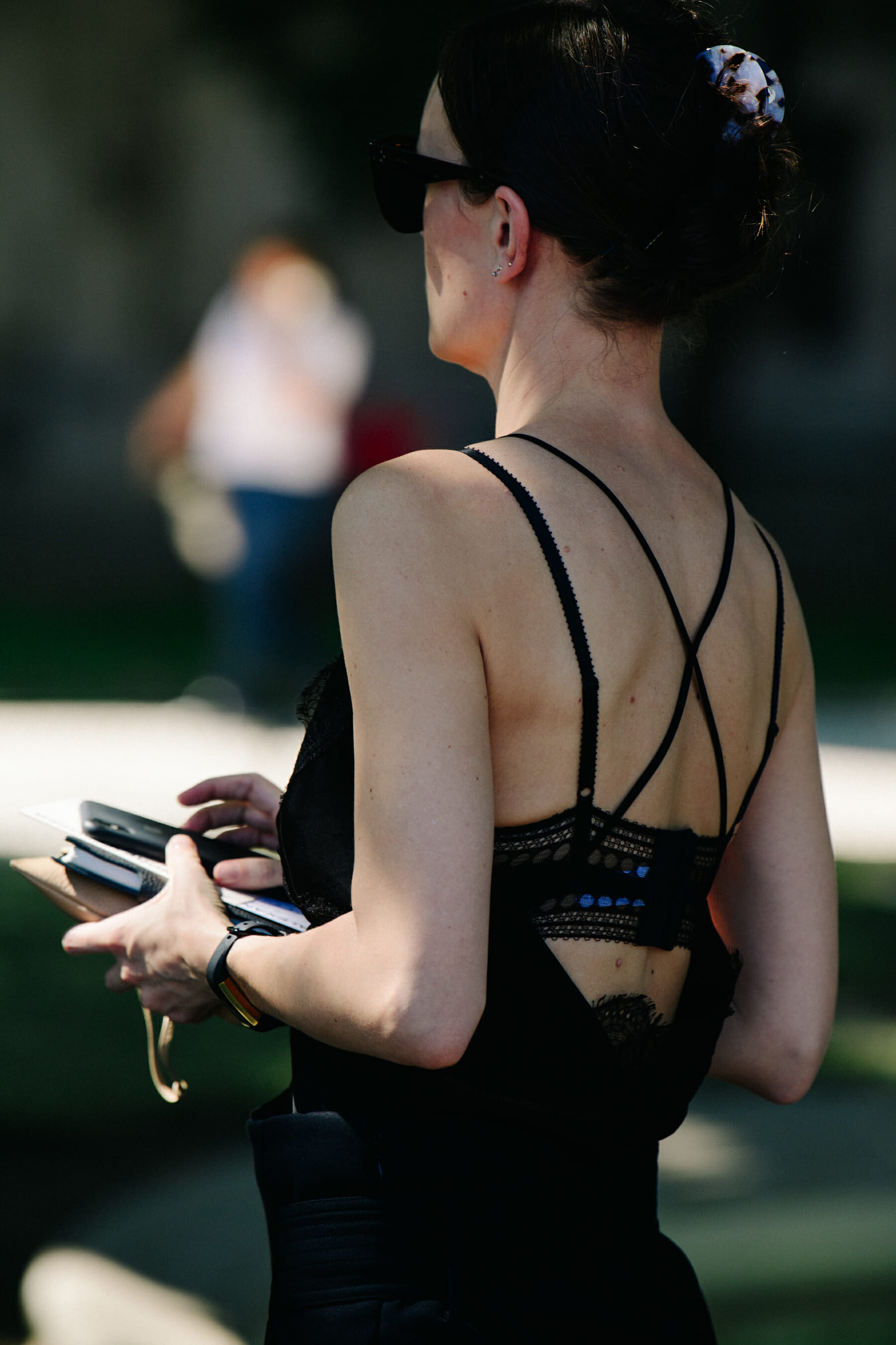 Woman wearing black lace bra
