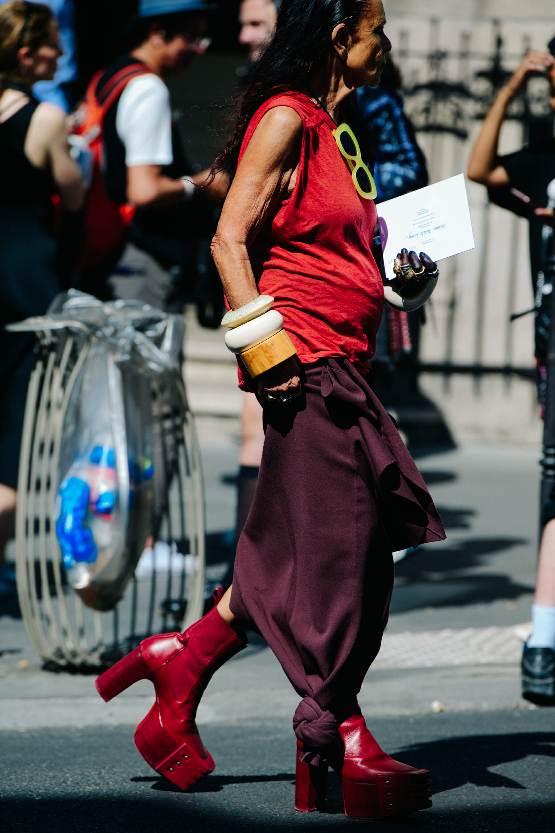 Woman wearing red outfit
