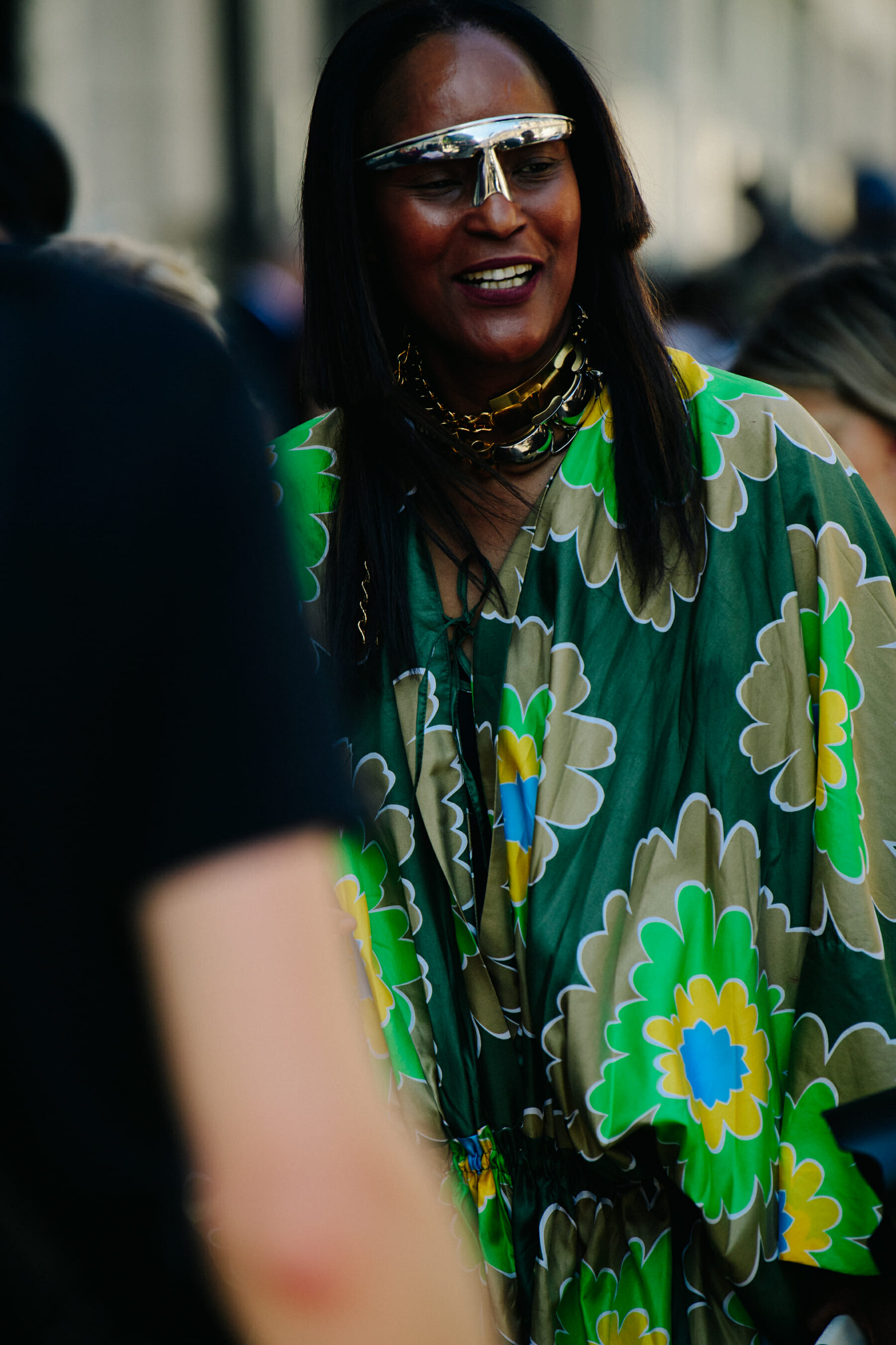 Woman wearing silver headpiece