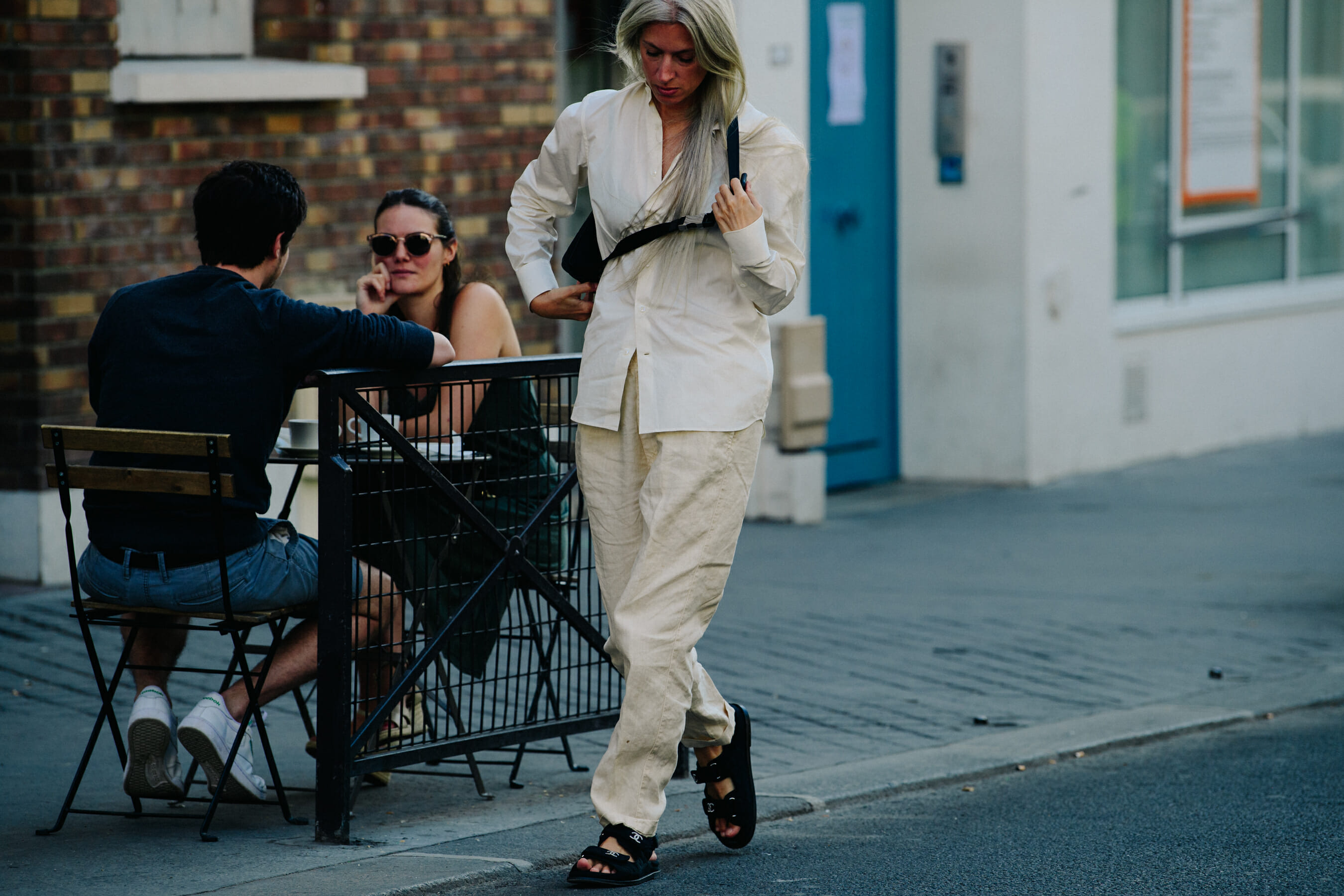 Woman wearing white linen outfit