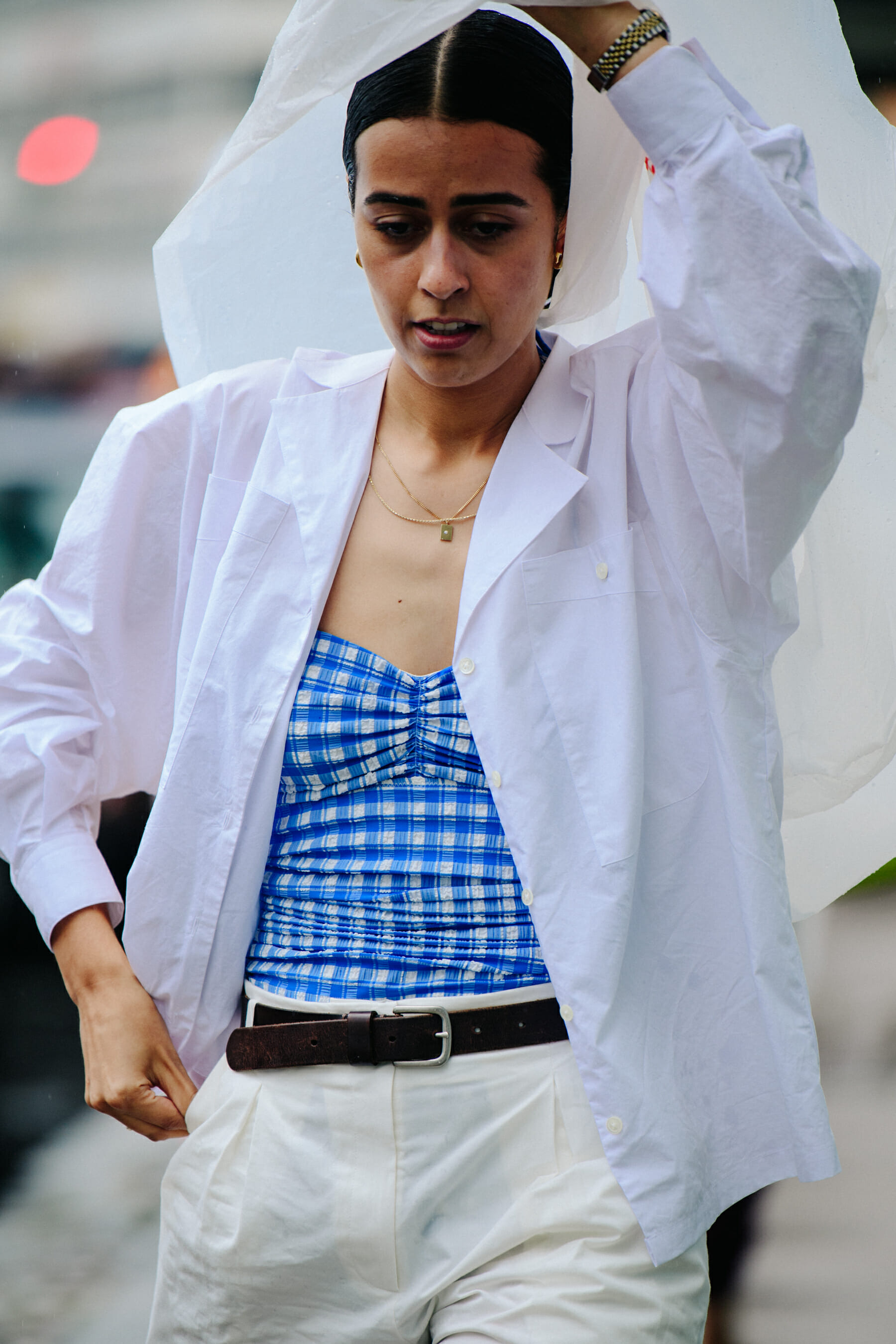 Woman wearing raincoat