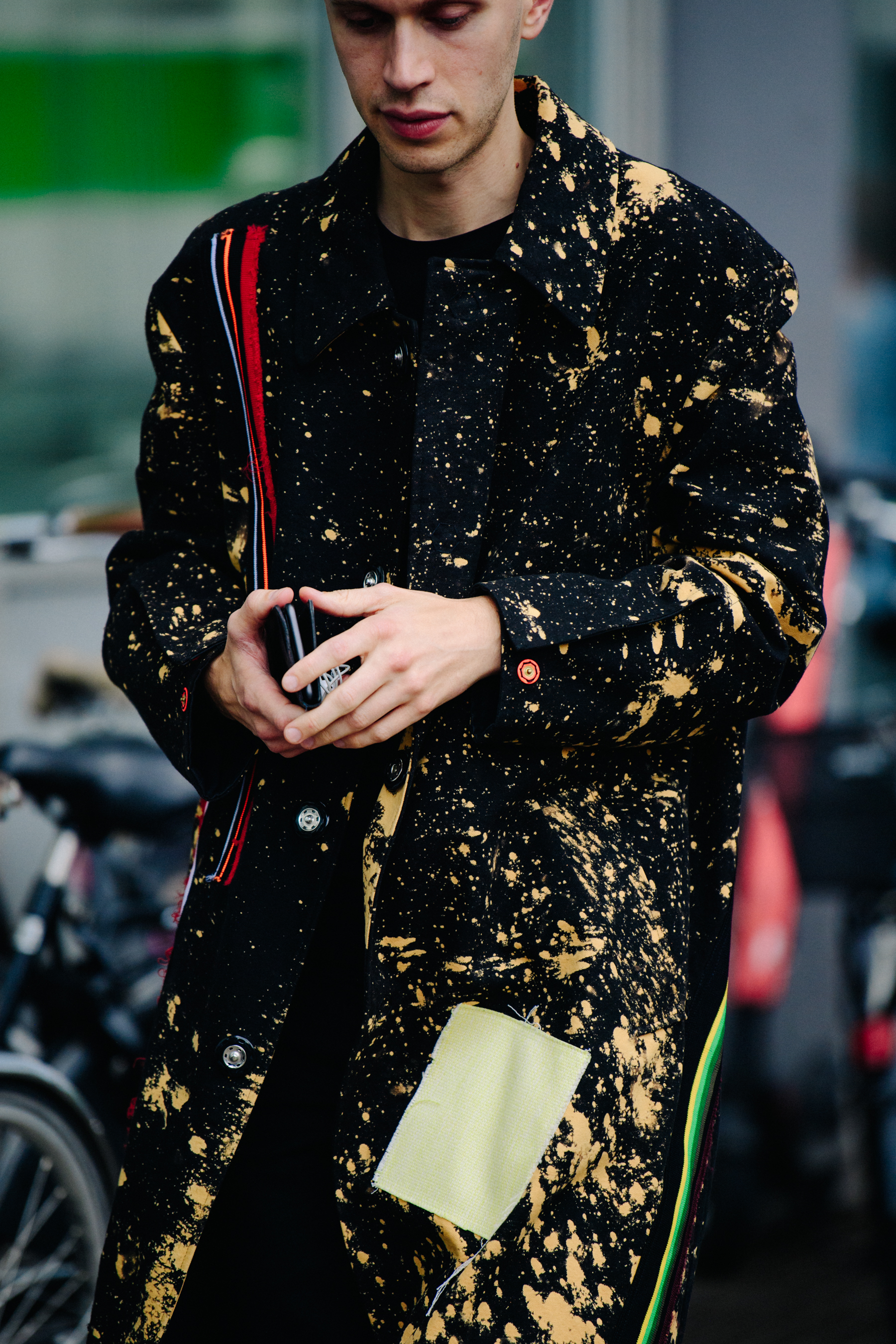 Man wearing spotted jacket