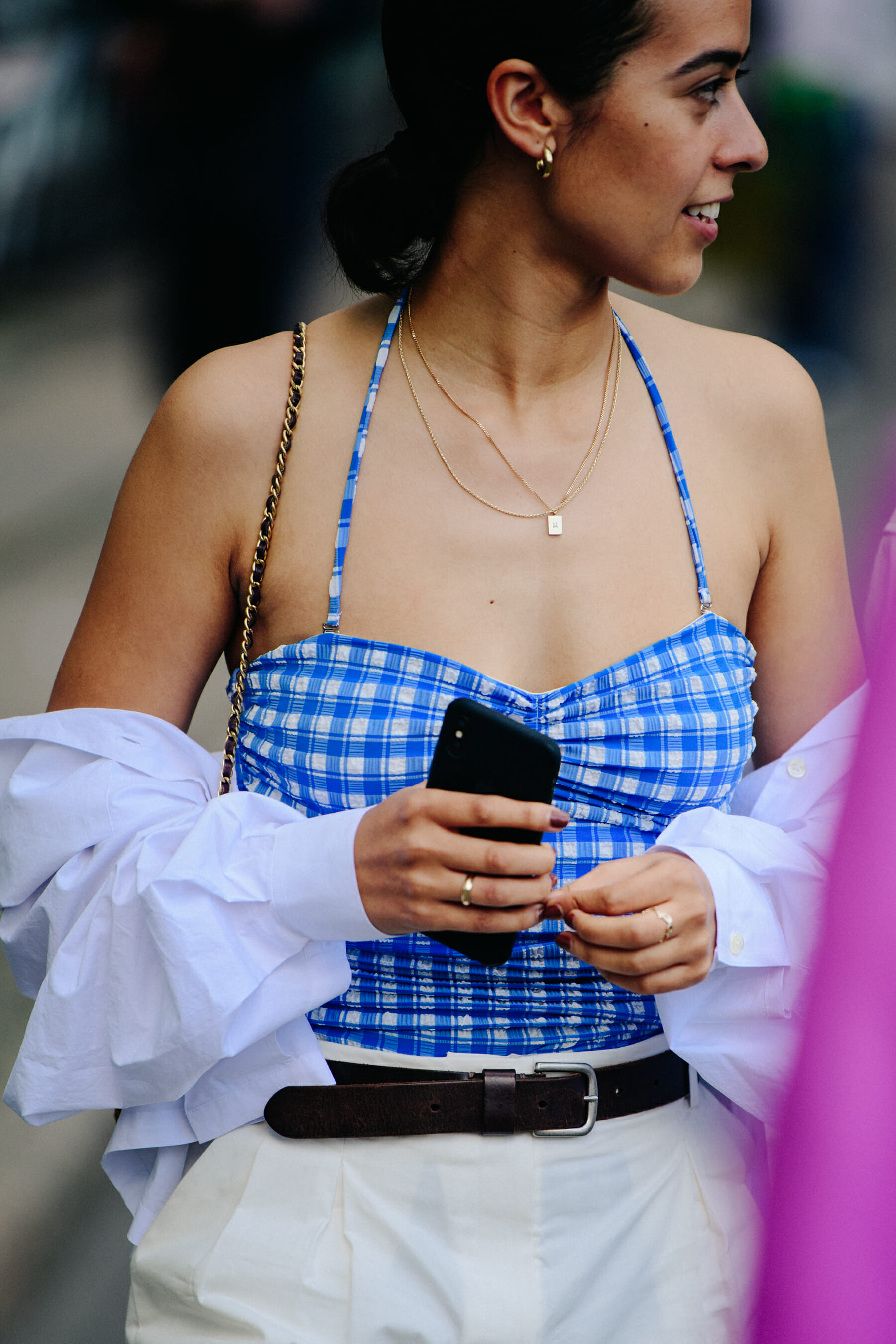 Woman wearing check top