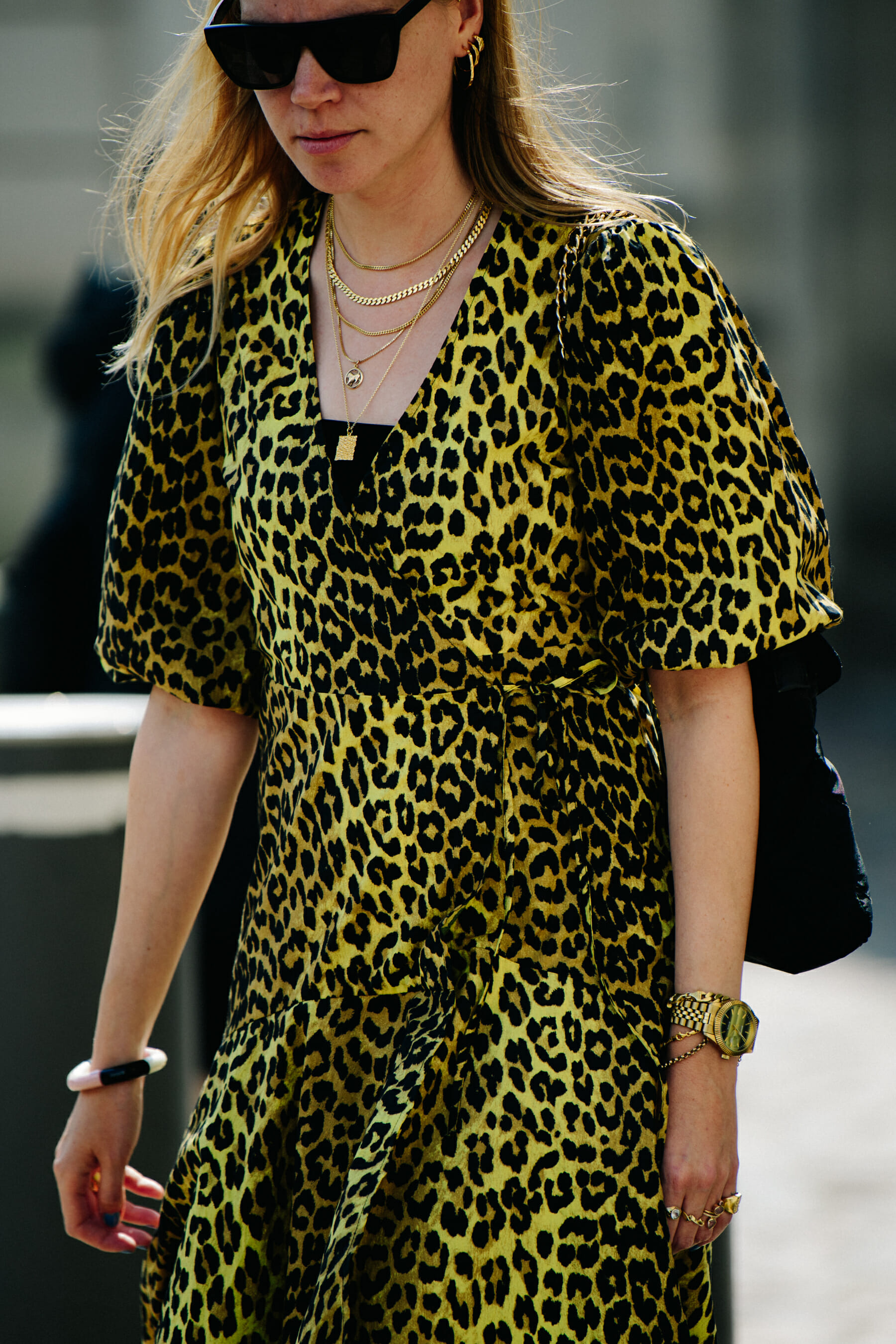 Woman wearing animal print dress