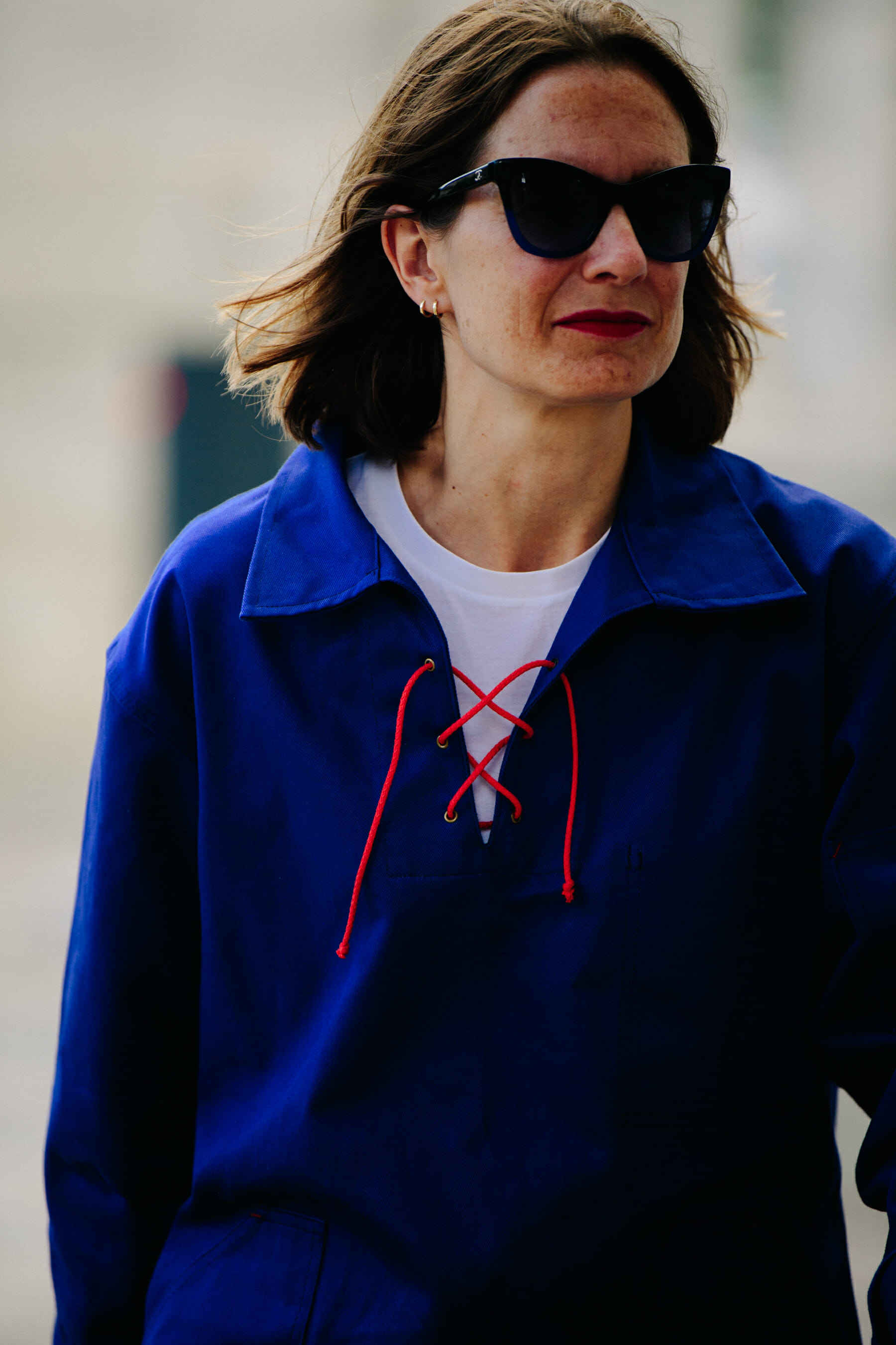 Woman wearing blue top