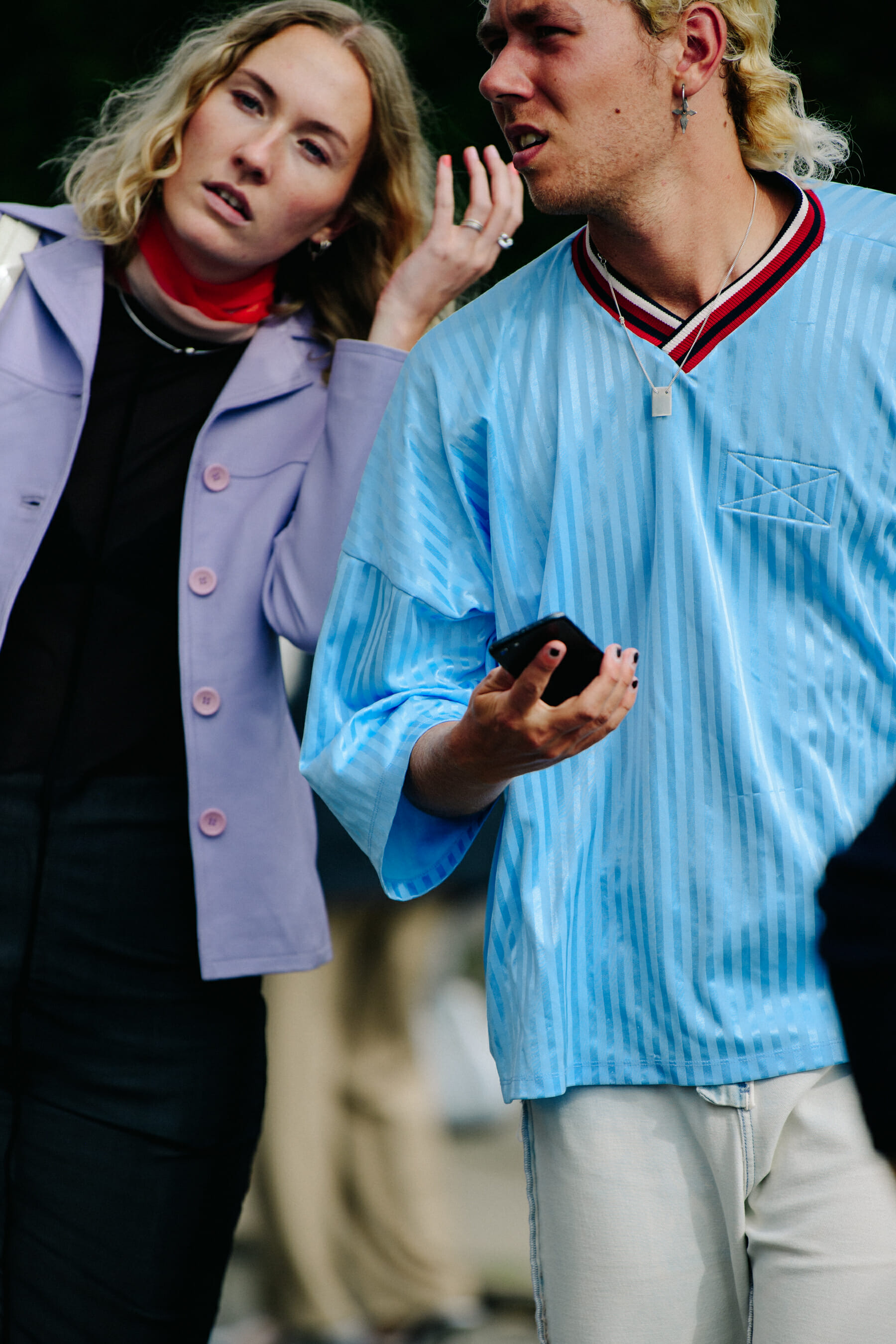 Couple wearing blue and purple