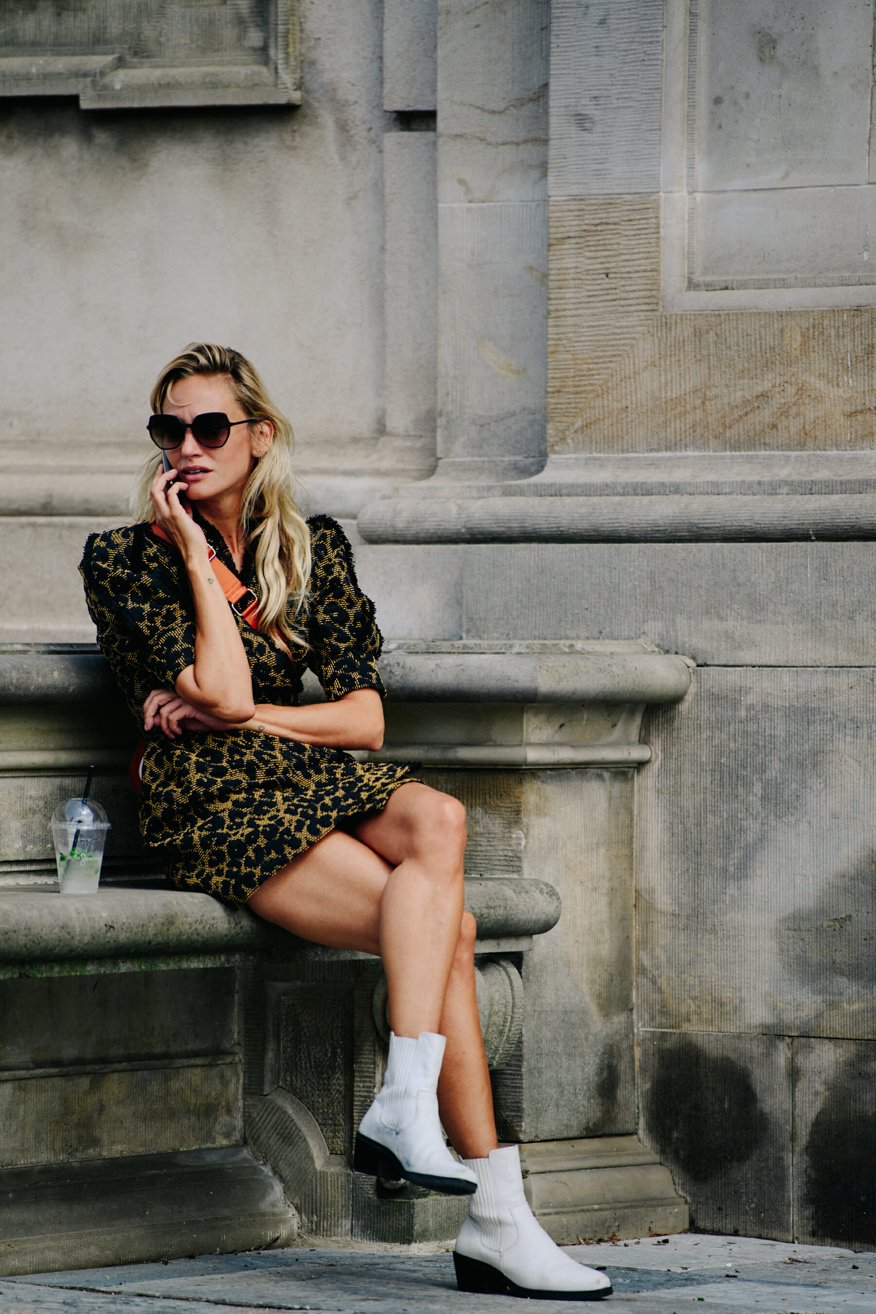 Woman wearing animal print dress