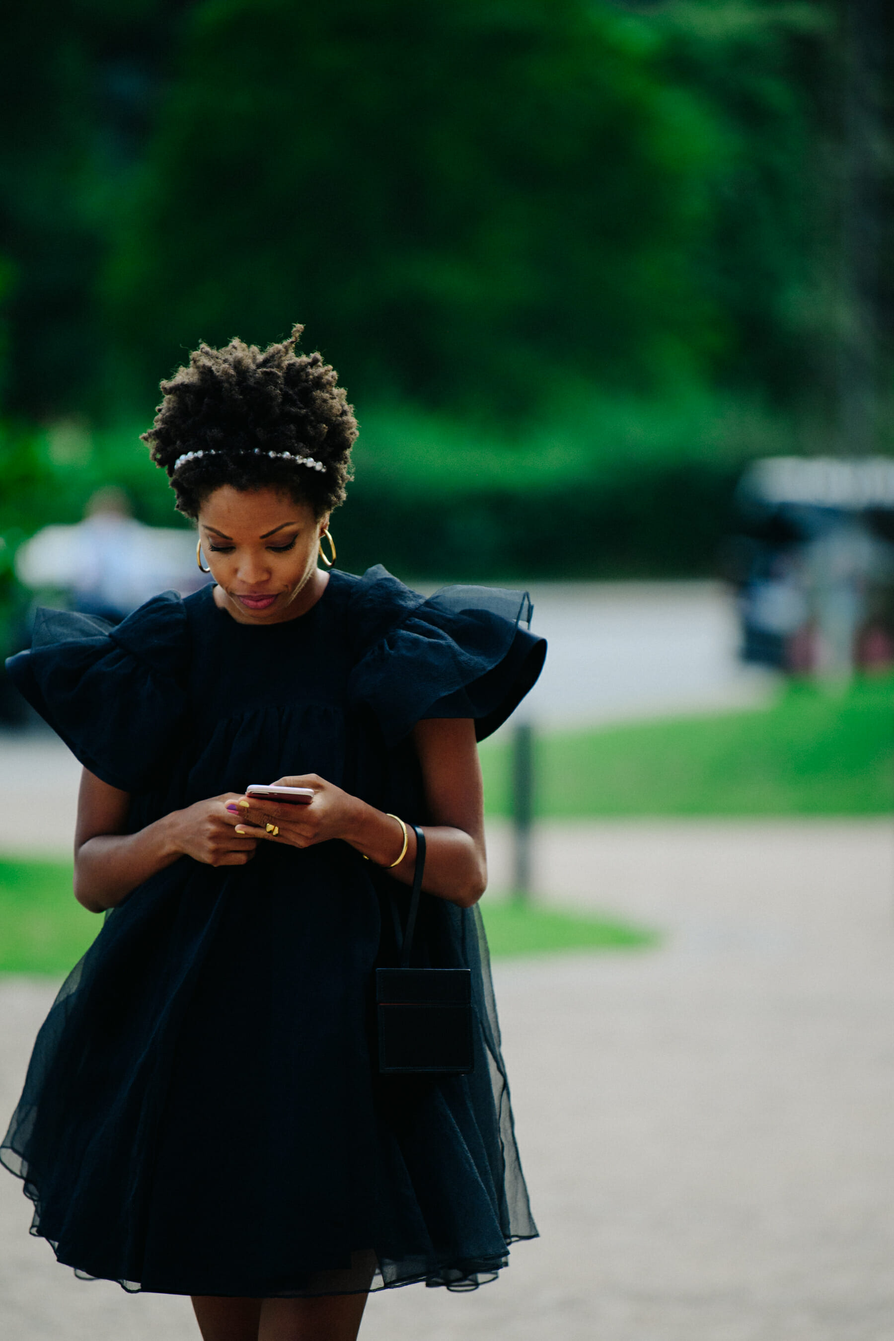 Woman wearing black dress