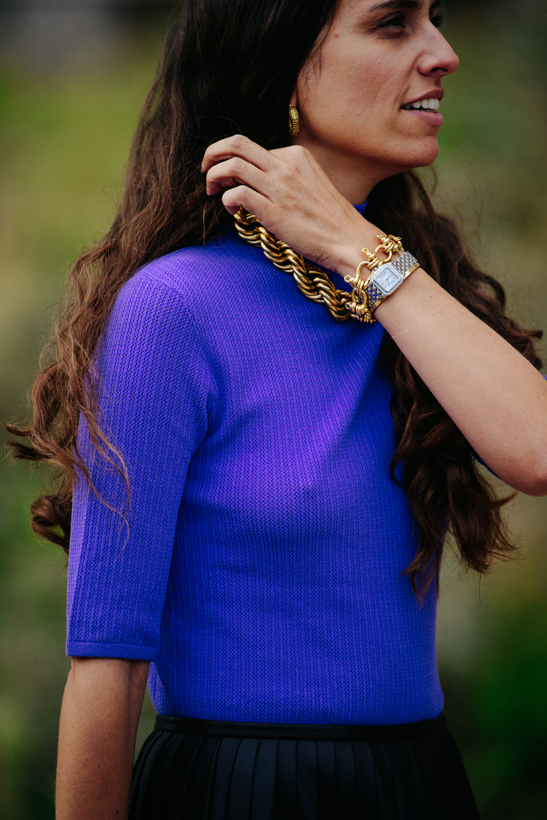 Woman wearing purple top
