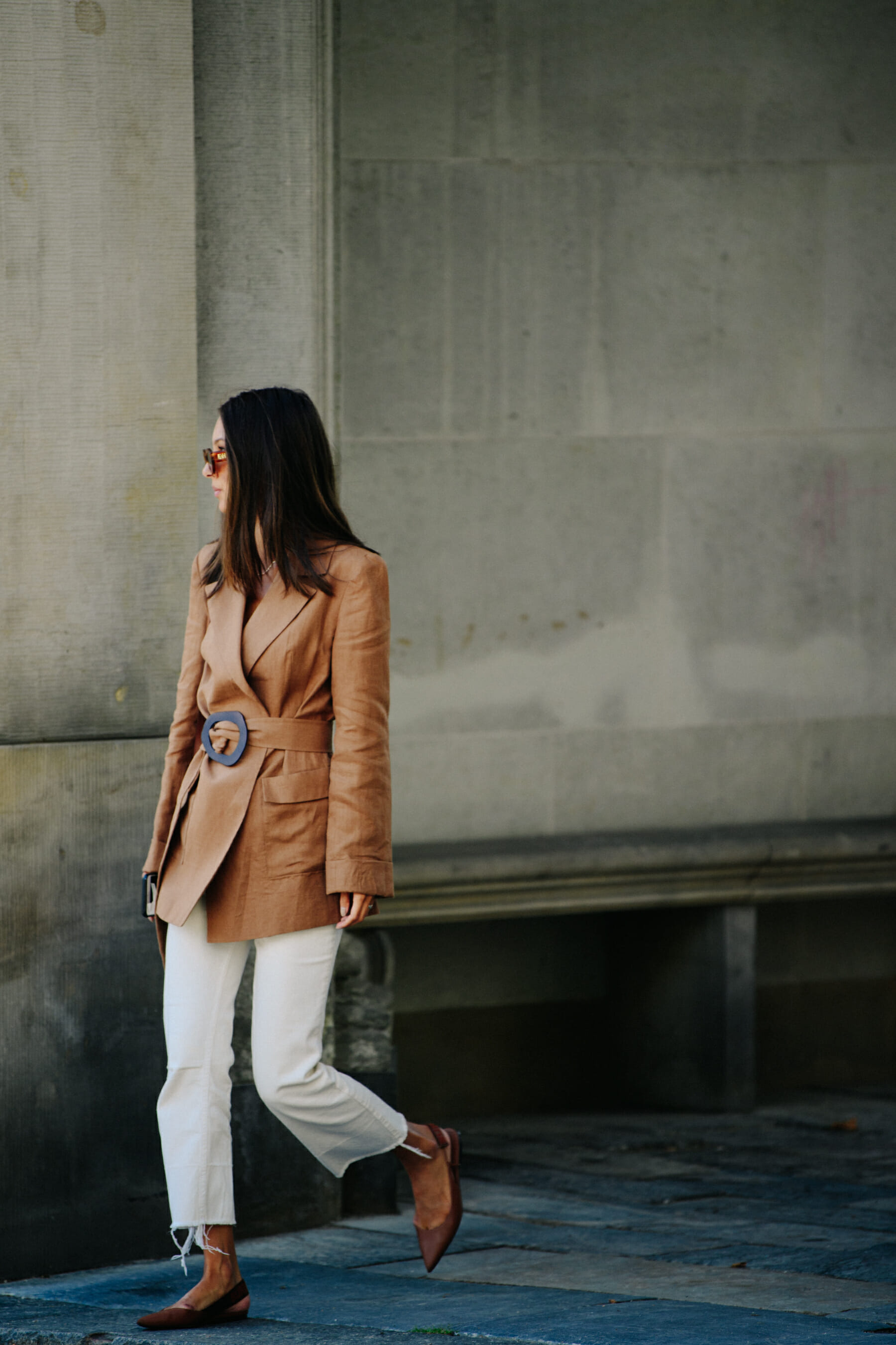 Woman wearing brown leather jacket